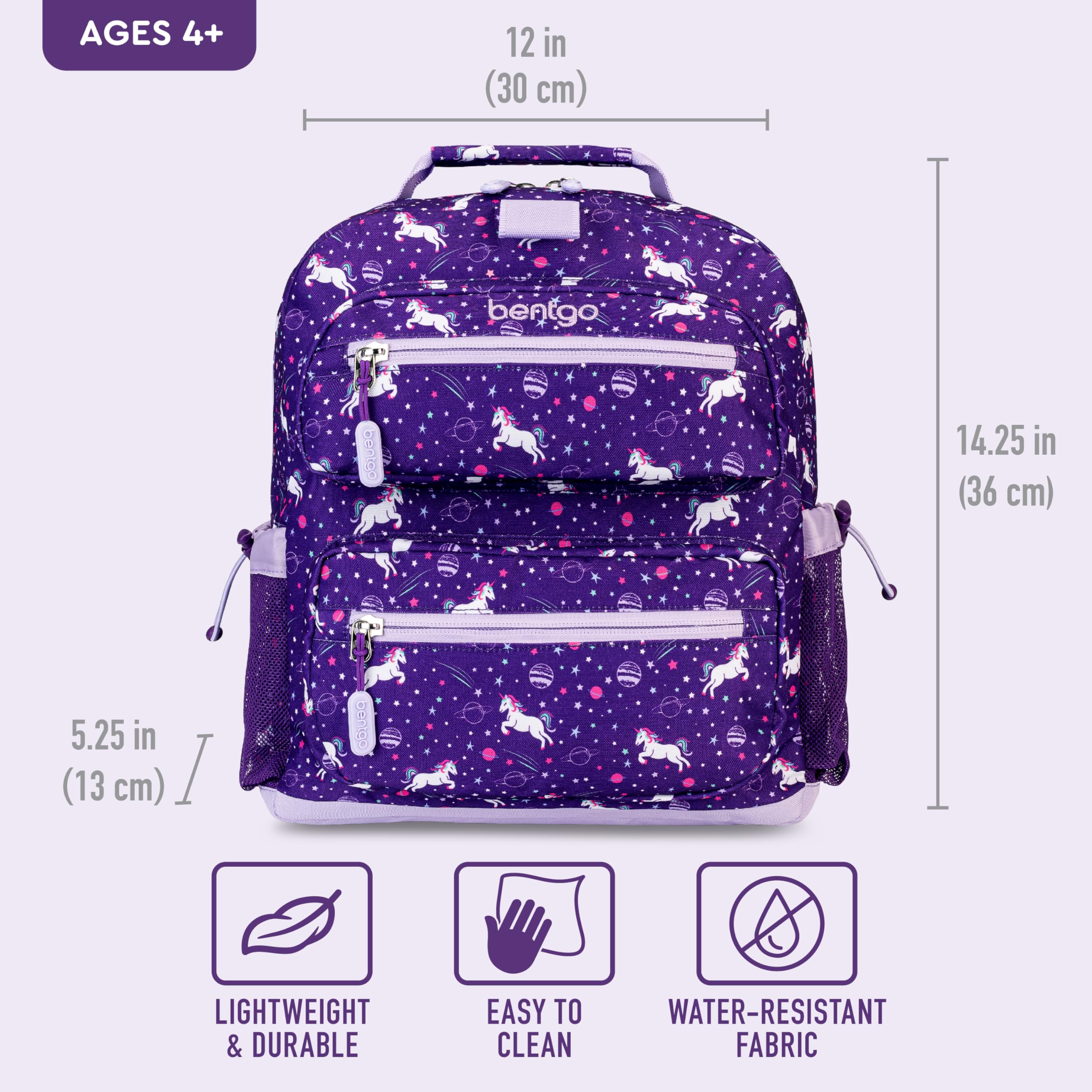Bentgo Kids Backpack - Lightweight 14” Backpack in Fun Prints for School, Travel, & Daycare, Ideal for Ages 4+, Roomy Interior, Durable & Water-Resistant Fabric, & Loop for Lunch Bag (Trucks)