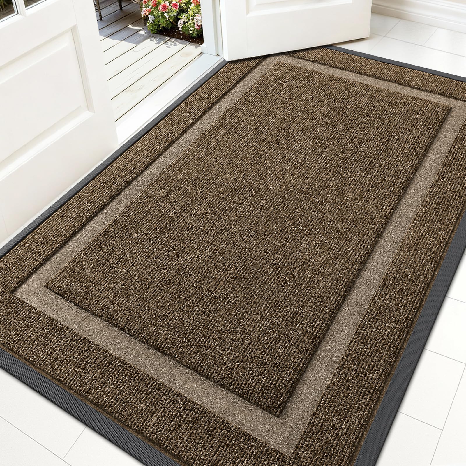 OLANLY Front Door Mat Indoor Outdoor Entrance, Waterproof All-Season, All-Weather Doormat, Sturdy Natural Rubber, Fade Resistant, Low Profile, Easy Clean Patio Porch Entryway Mat, 29.5x17, Black