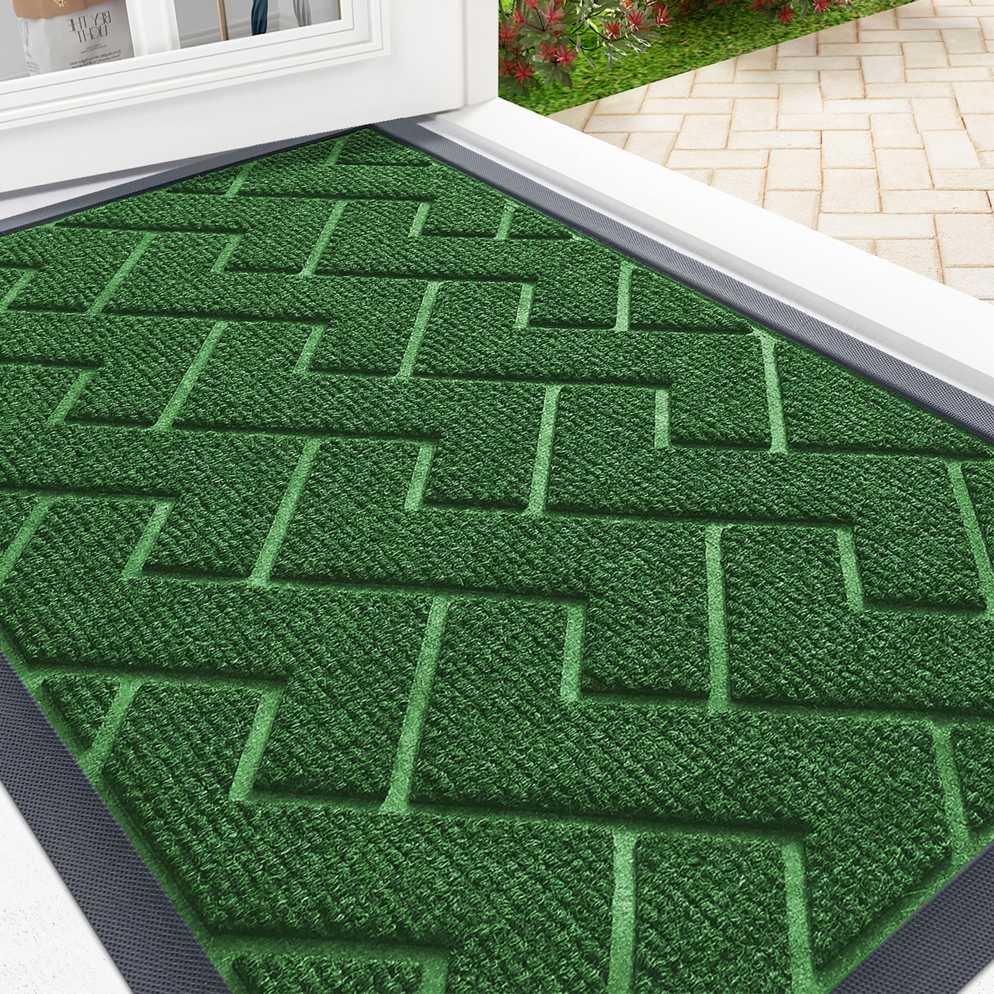 OLANLY Front Door Mat Indoor Outdoor Entrance, Waterproof All-Season, All-Weather Doormat, Sturdy Natural Rubber, Fade Resistant, Low Profile, Easy Clean Patio Porch Entryway Mat, 29.5x17, Black