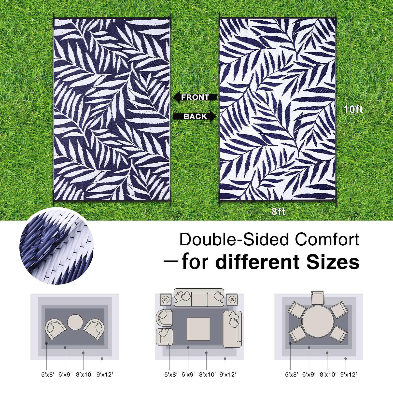 OLANLY Waterproof Outdoor Rug 5x8 ft, Reversible Outdoor Plastic Straw Rug with Leaf Pattern, RV Mat, Indoor Outdoor Carpet for Patio, Camping, Balcony, Deck, Backyard, Grey & White