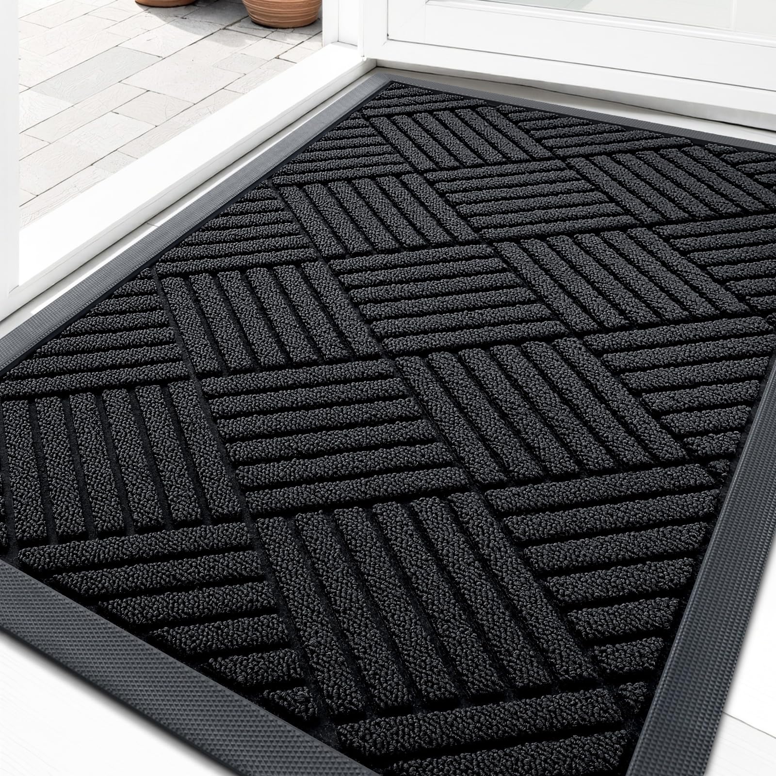 OLANLY Front Door Mat Outside Entrance 29.5x17, Absorbent, Heavy Duty Sturdy Natural Rubber Doormat Indoor Outdoor, Stain and Fade Resistant, Non-Slip Low Profile Floor Mat for Entryway, Grey Diamond