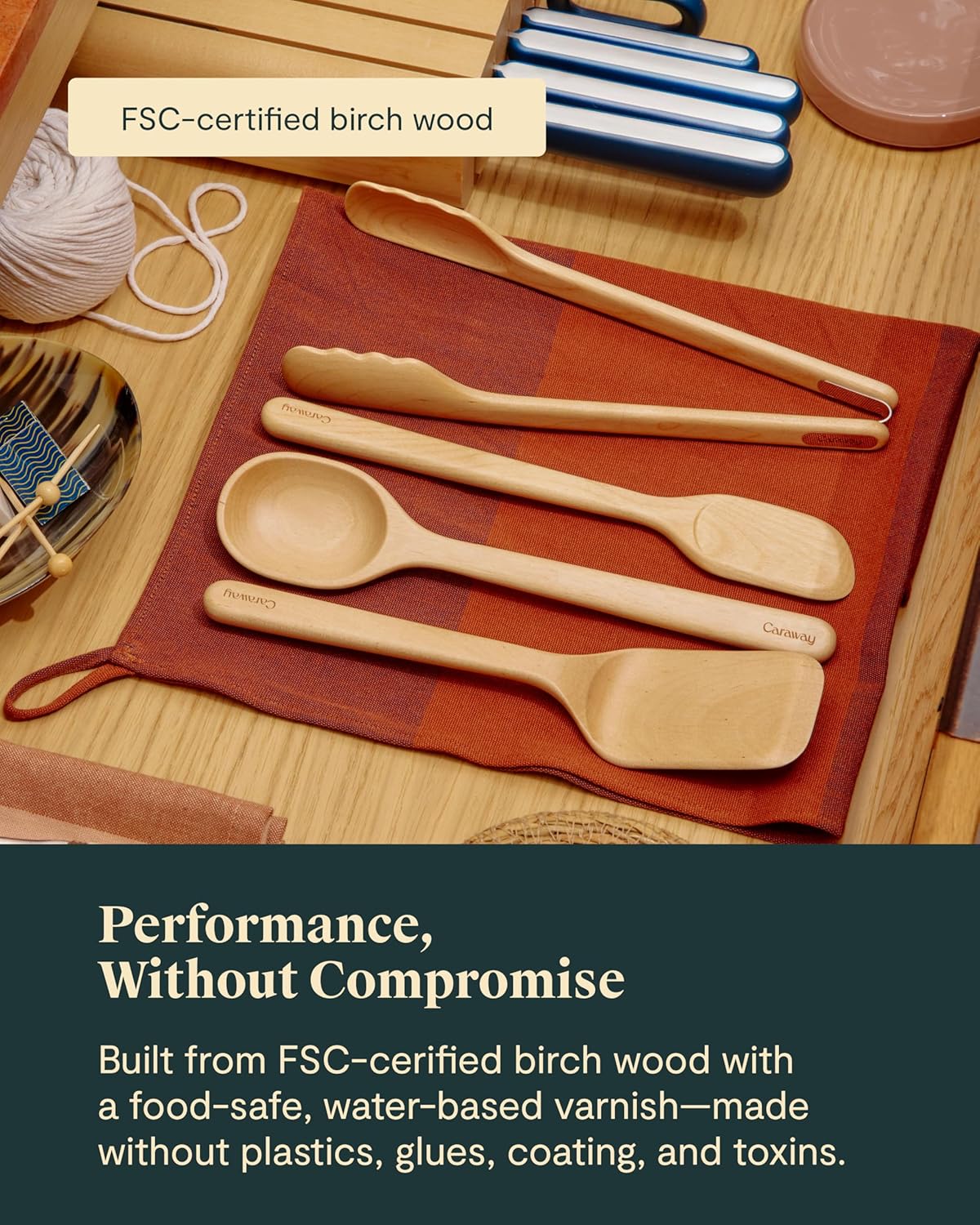 Caraway 4-Piece Mini Wooden Kitchen Utensils Set for Cooking, Serving, and Plating - Includes Mini Spoon, Scraper, Spatula, and Tongs