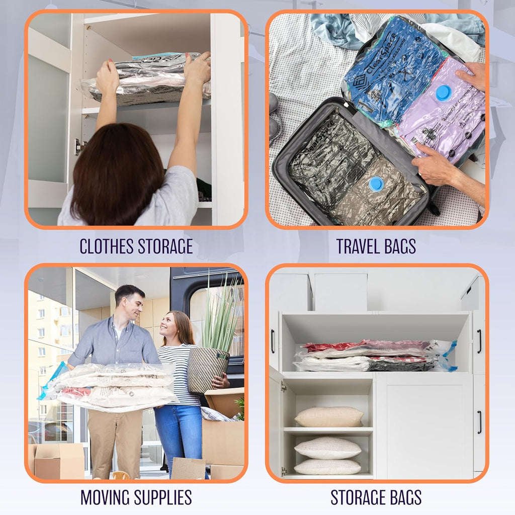 Vacuum Seal Bags for Clothing Travel, 12 Combo - Space Saver Vacuum Storage Bags, Blanket & Clothes Storage Bags Vacuum Sealed – Hand Pump Included, Bolsas Para Guardar Ropa Al Vacío