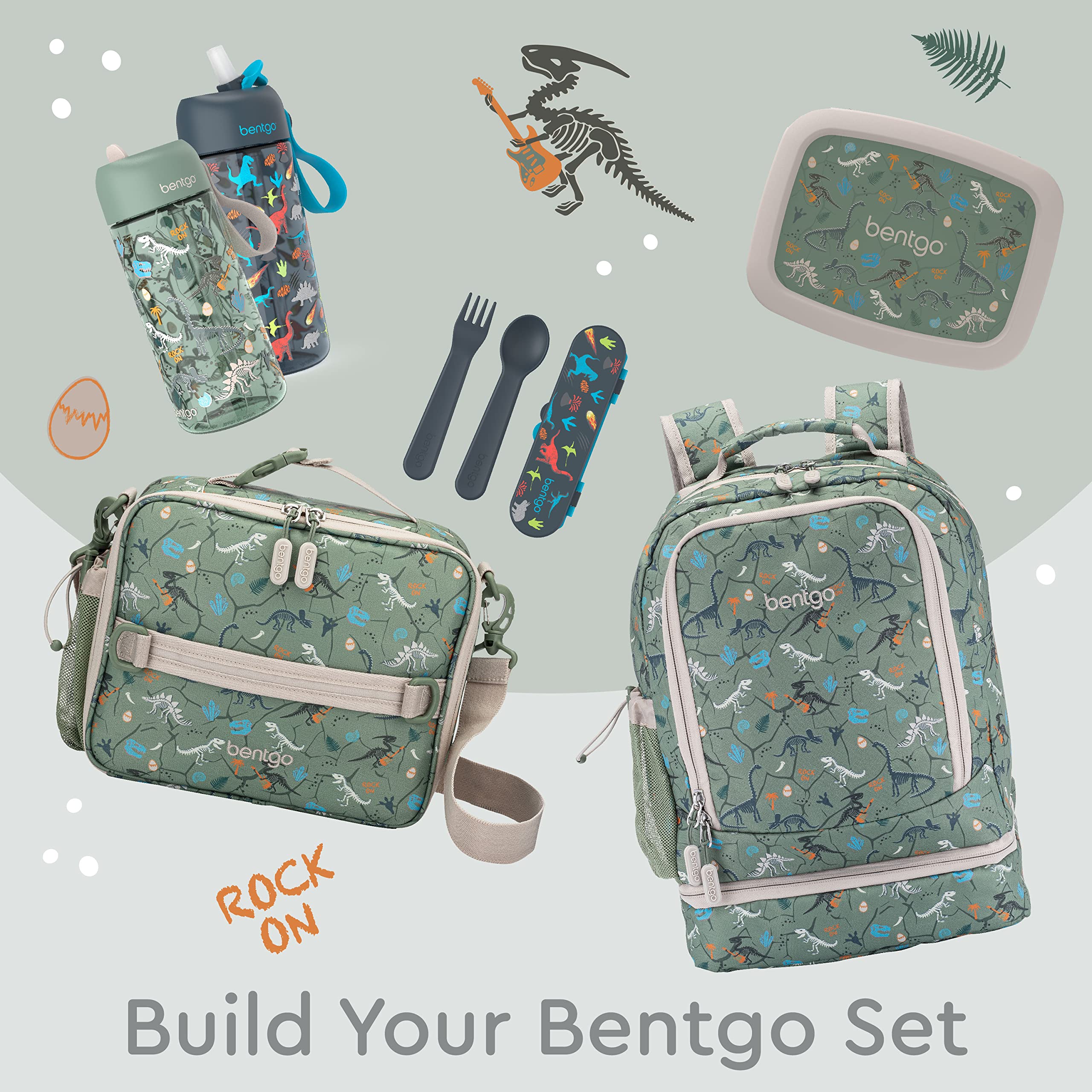Bentgo Kids 2-in-1 Backpack & Insulated Lunch Bag - Durable 16” Backpack & Lunch Container in Unique Prints for School & Travel - Water Resistant, Padded & Large Compartments (Dinosaur)