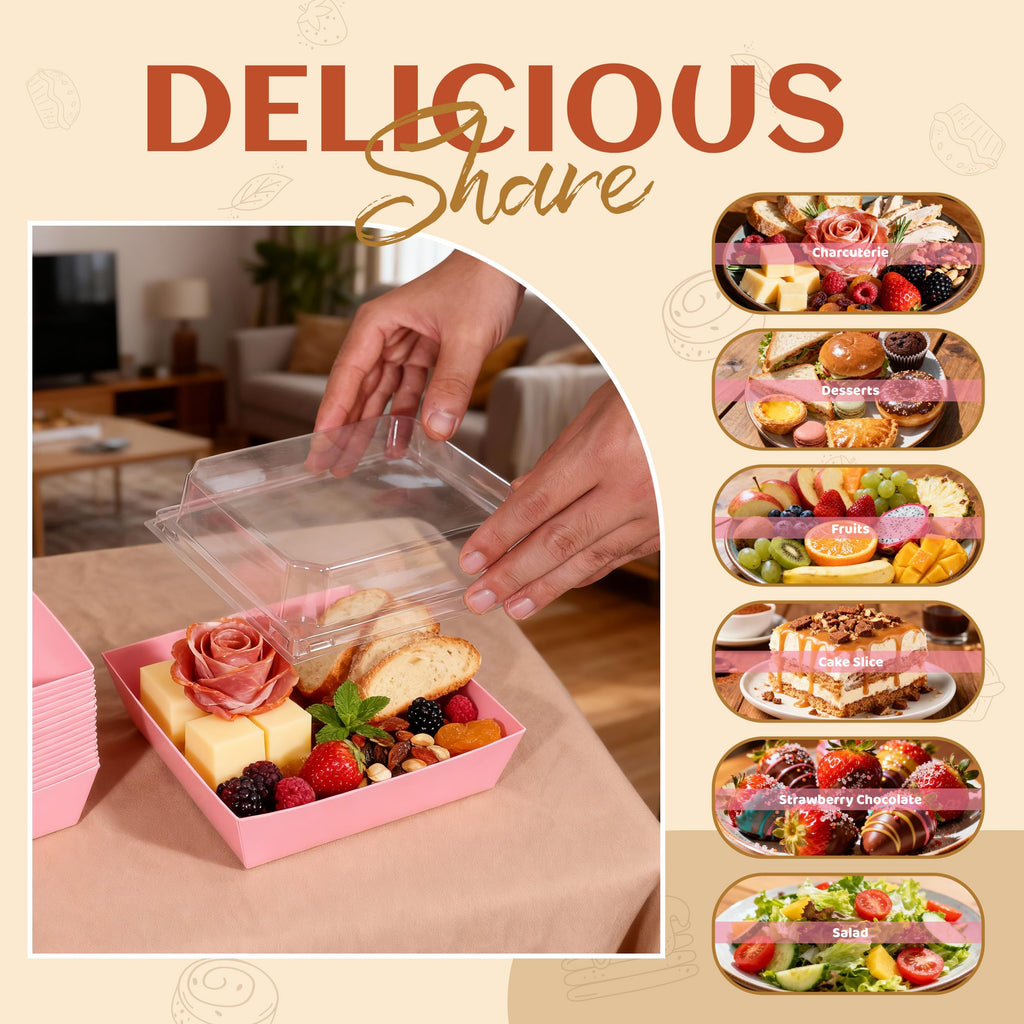 Disposable Charcuterie Boxes with Clear Lid, Food Boxes for Cold&Room Temperature Foods,Grease-Resistant Bakery Packaging for Pastry & Takeout Use 5.3x4.9x2.5INCH(50 Pack,Brown)