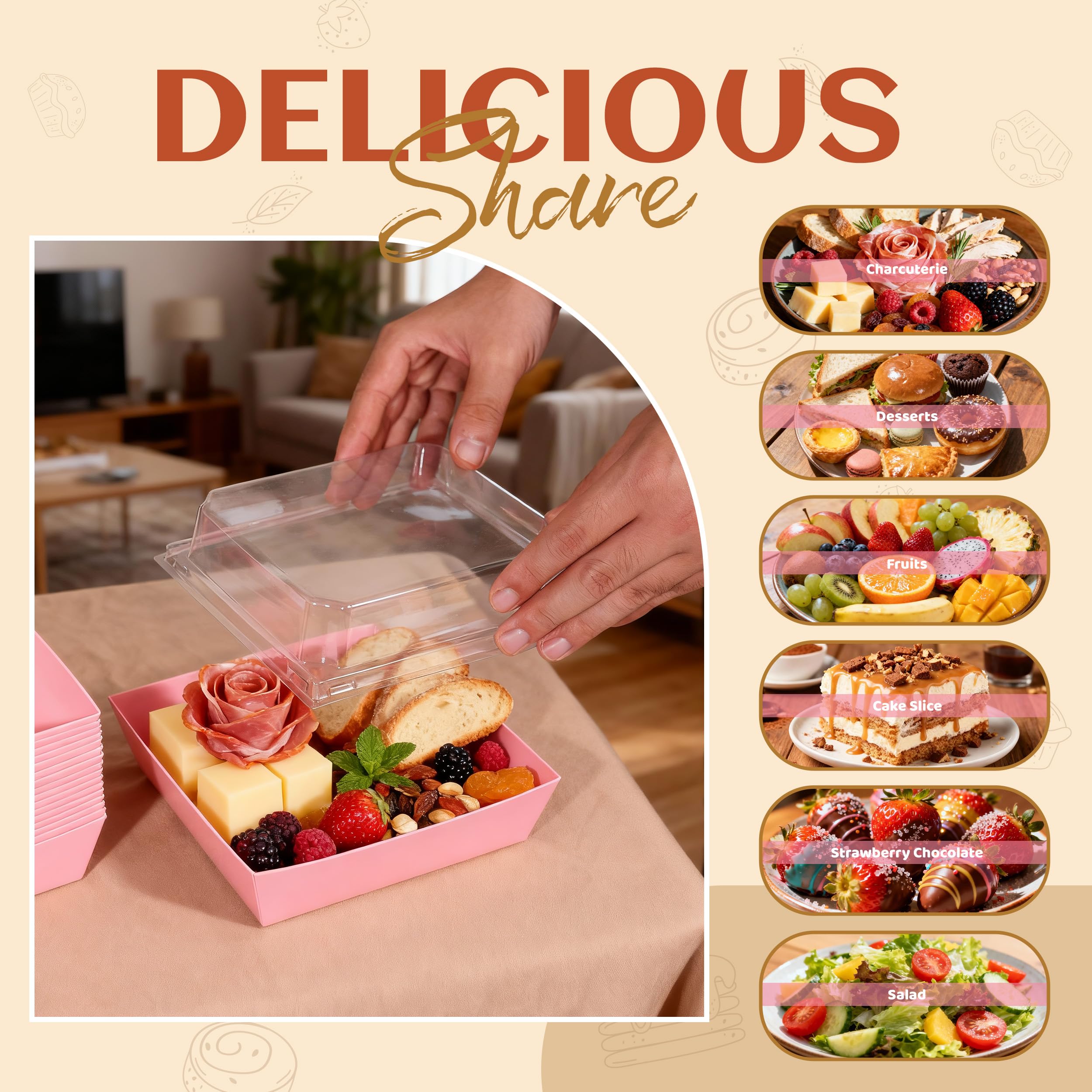 Disposable Charcuterie Boxes with Clear Lid, Food Boxes for Cold&Room Temperature Foods,Grease-Resistant Bakery Packaging for Pastry & Takeout Use 5.3x4.9x2.5INCH(50 Pack,Brown)