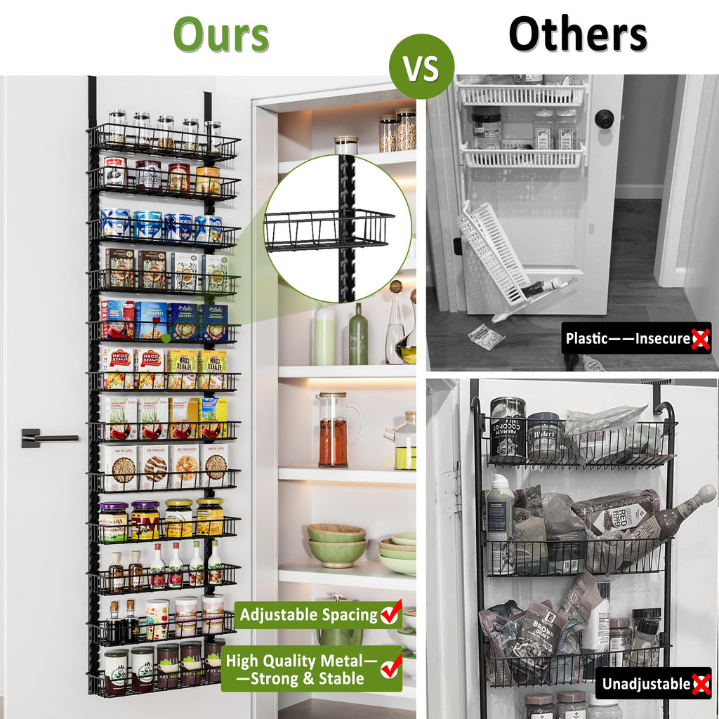 Churboro Over the Door Pantry Organizer Rack with 9 Adjustable Baskets, 9 Tiers Dual-use Hanging or Wall Mount Spice Rack Organizer, Black