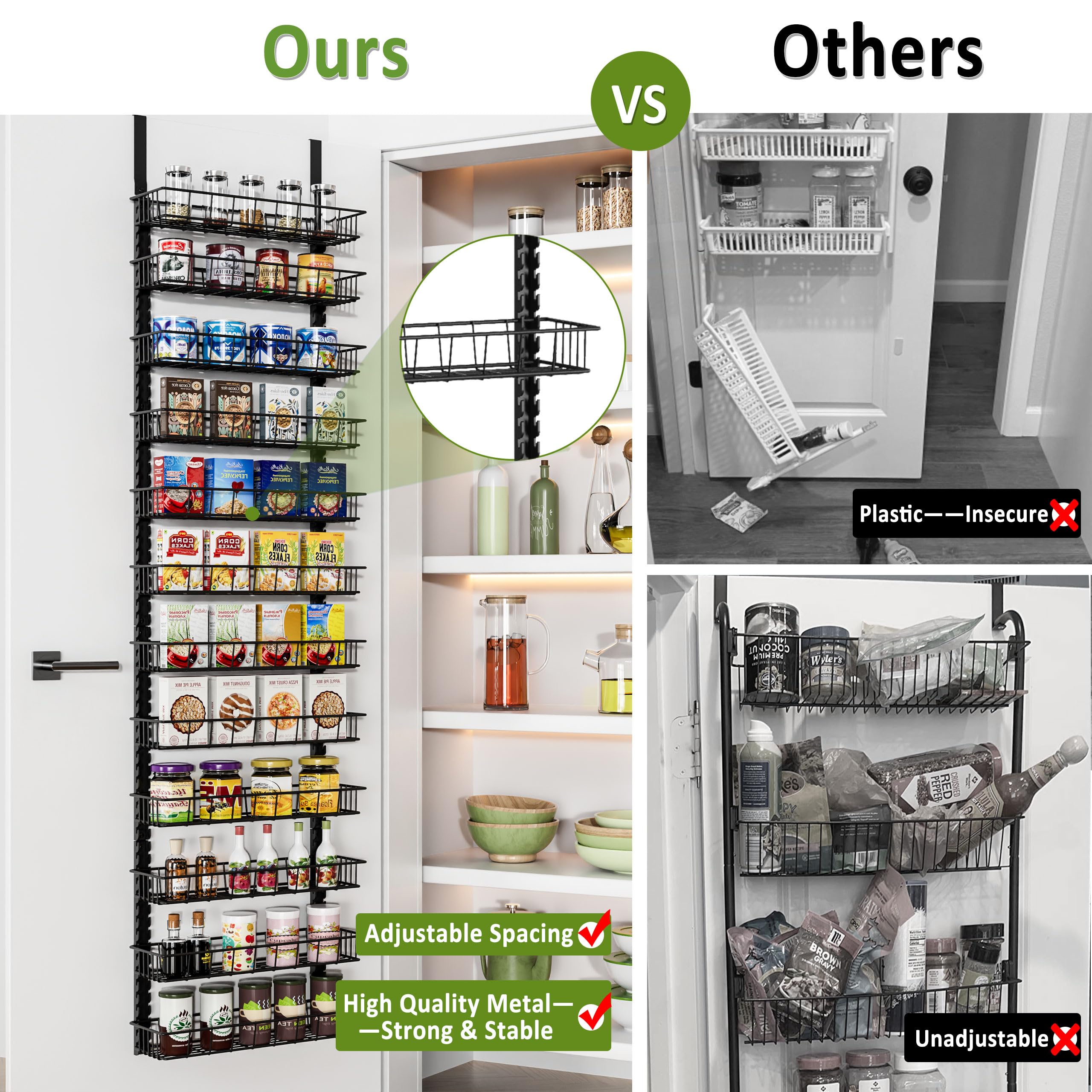 Churboro Over the Door Pantry Organizer Rack with 9 Adjustable Baskets, 9 Tiers Dual-use Hanging or Wall Mount Spice Rack Organizer, Black