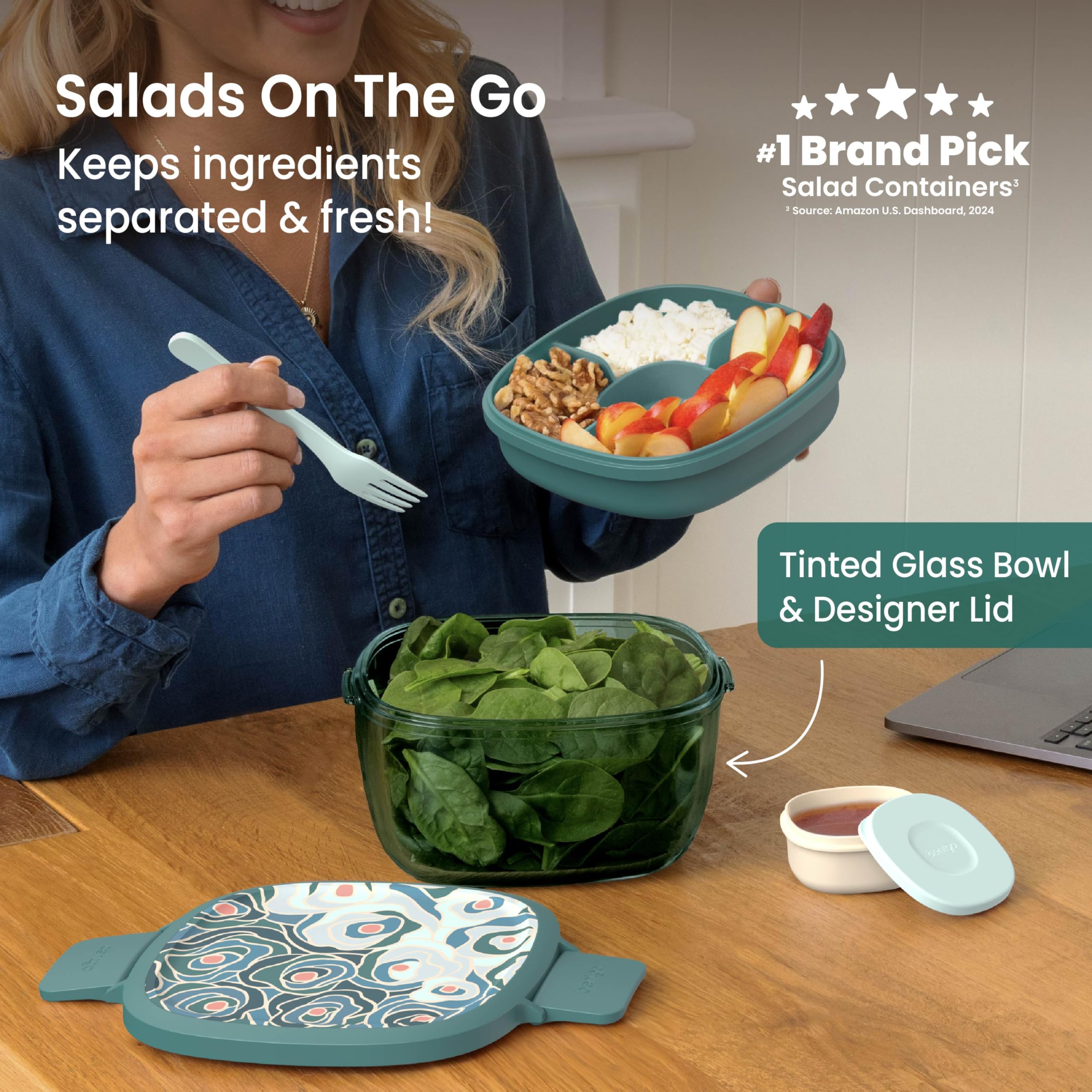 Bentgo Glass Salad Container - 7.6-Cup Salad Bowl with Airtight Lid, Leak-Proof Sauce Container, 4-Compartment Bento Tray & Reusable Fork - BPA-Free for Meal Prep, Office & More (Lavender)