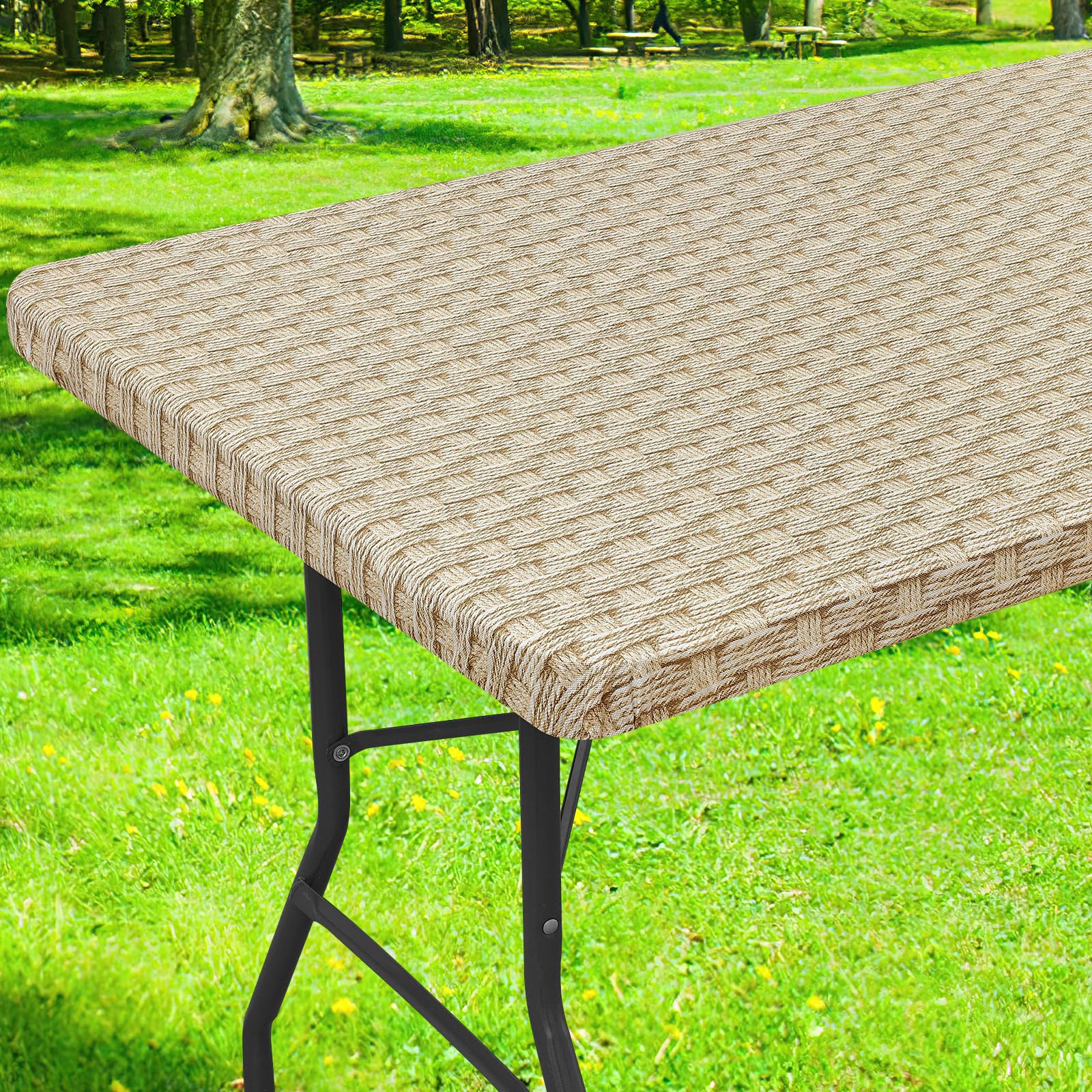 Smiry Rectangle Table Cloth Cover, Waterproof Elastic Fitted Picnic Tablecloth for 6 Foot Tables, Wipeable Flannel Backed Vinyl Tablecloths for Camping, Dining, Outdoor (Beige Wood, 30" x 72")