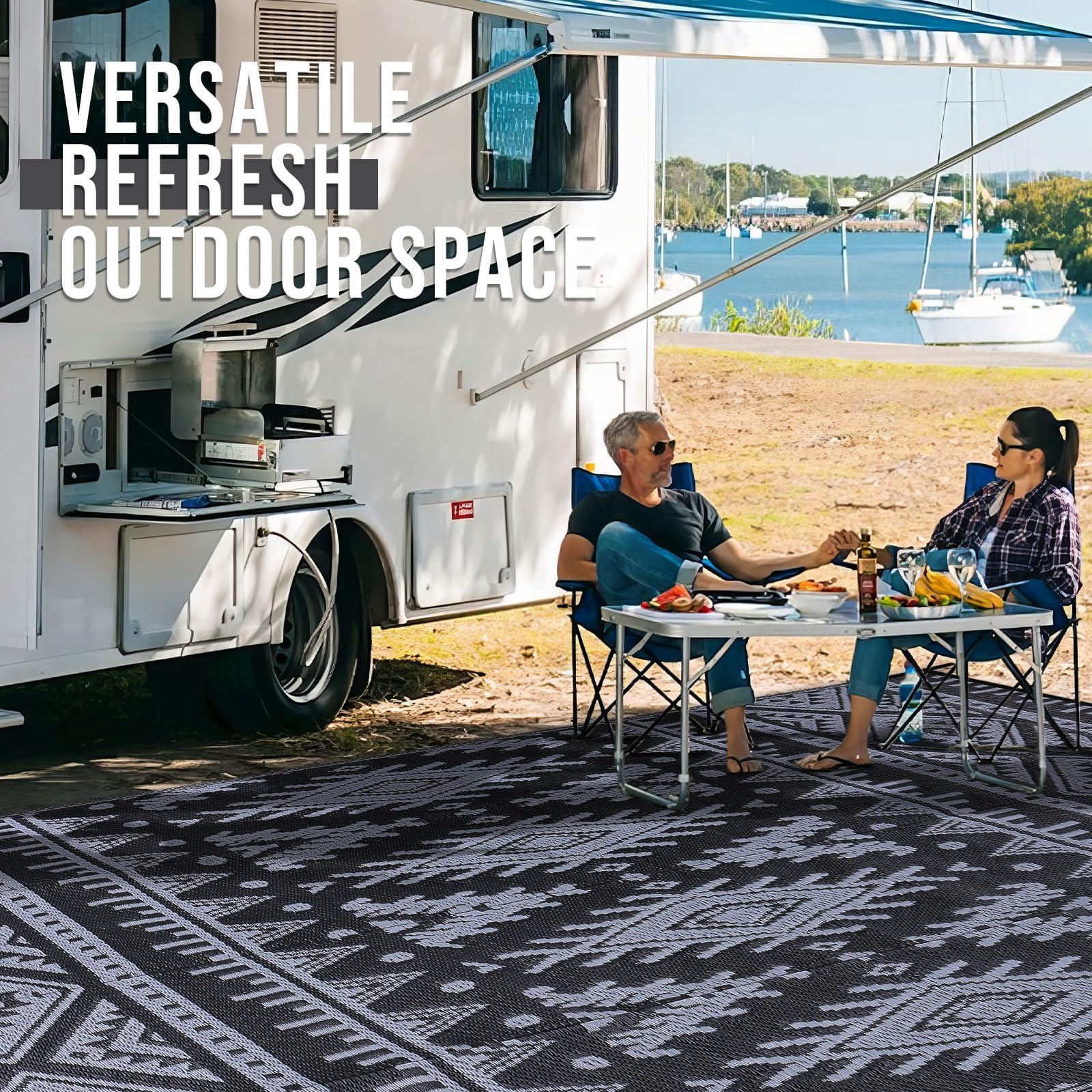 OLANLY Outdoor Rug Waterproof 5x8 ft, Reversible Outdoor Plastic Straw Rug, Boho Patio Rug, Indoor Outdoor Carpet, RV Mat Outside for Patio, Camp, Picnic, Balcony, Deck, Backyard, Black & White