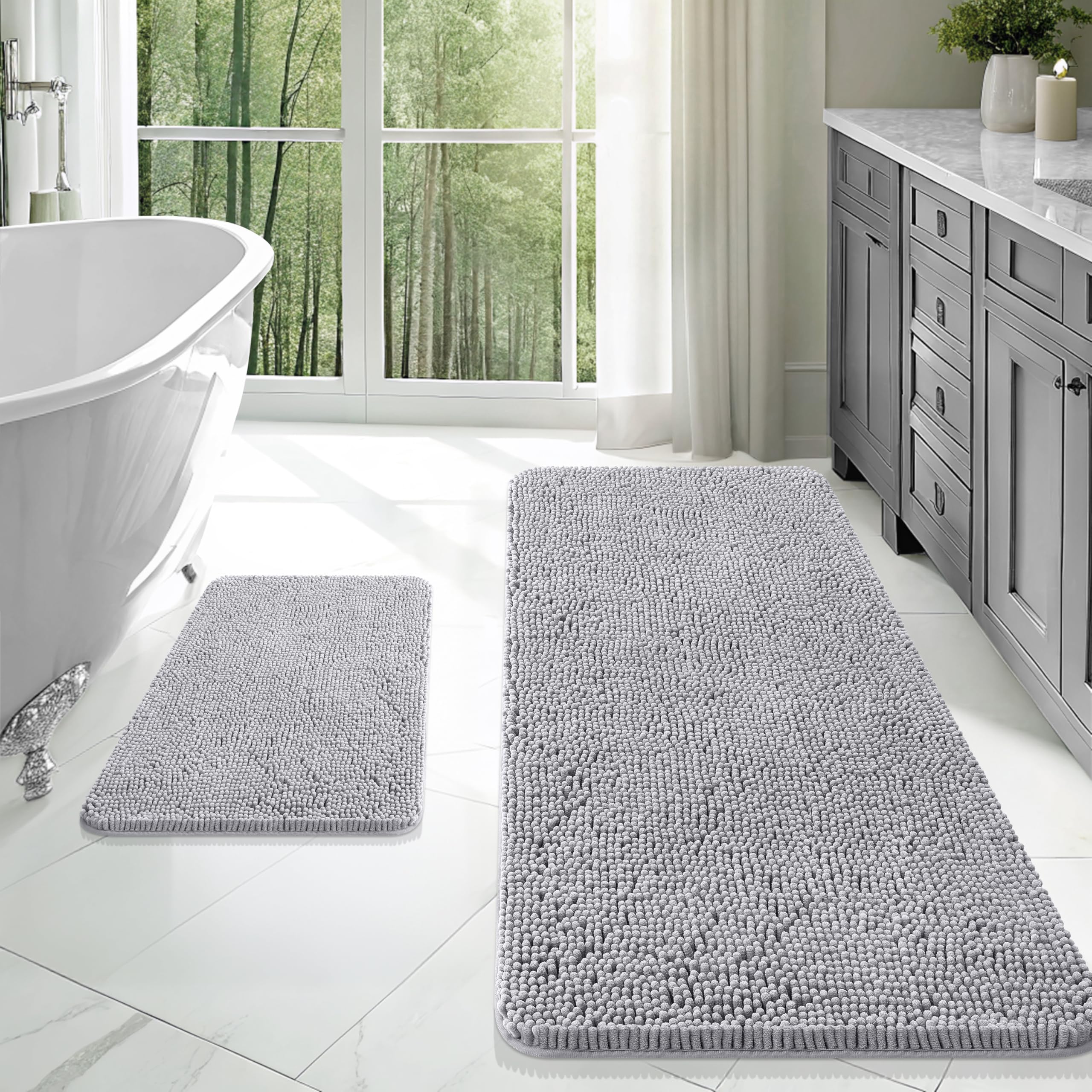 OLANLY Bathroom Rugs Sets 2 Piece, Soft Absorbent Chenille Bath Mats and U-Shaped Contour Toilet Mat Area Rug Set, Machine Washable Bath Carpet, Home Decor Accessories(30"x20"+24"x20", Grey)