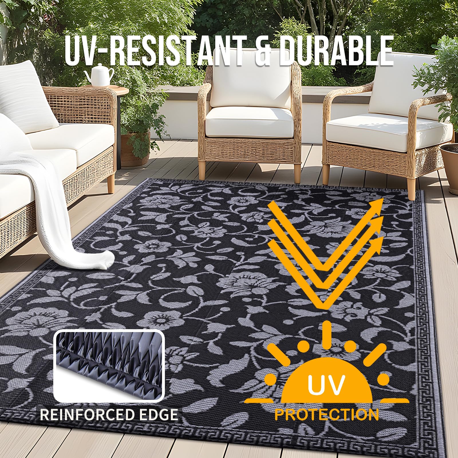 OLANLY Waterproof Outdoor Rug 5x8 ft, Outdoor Plastic Straw Rug with Flower Pattern, Reversible RV Mat for Patio, Camping, Balcony, Deck, Backyard, Navy & White