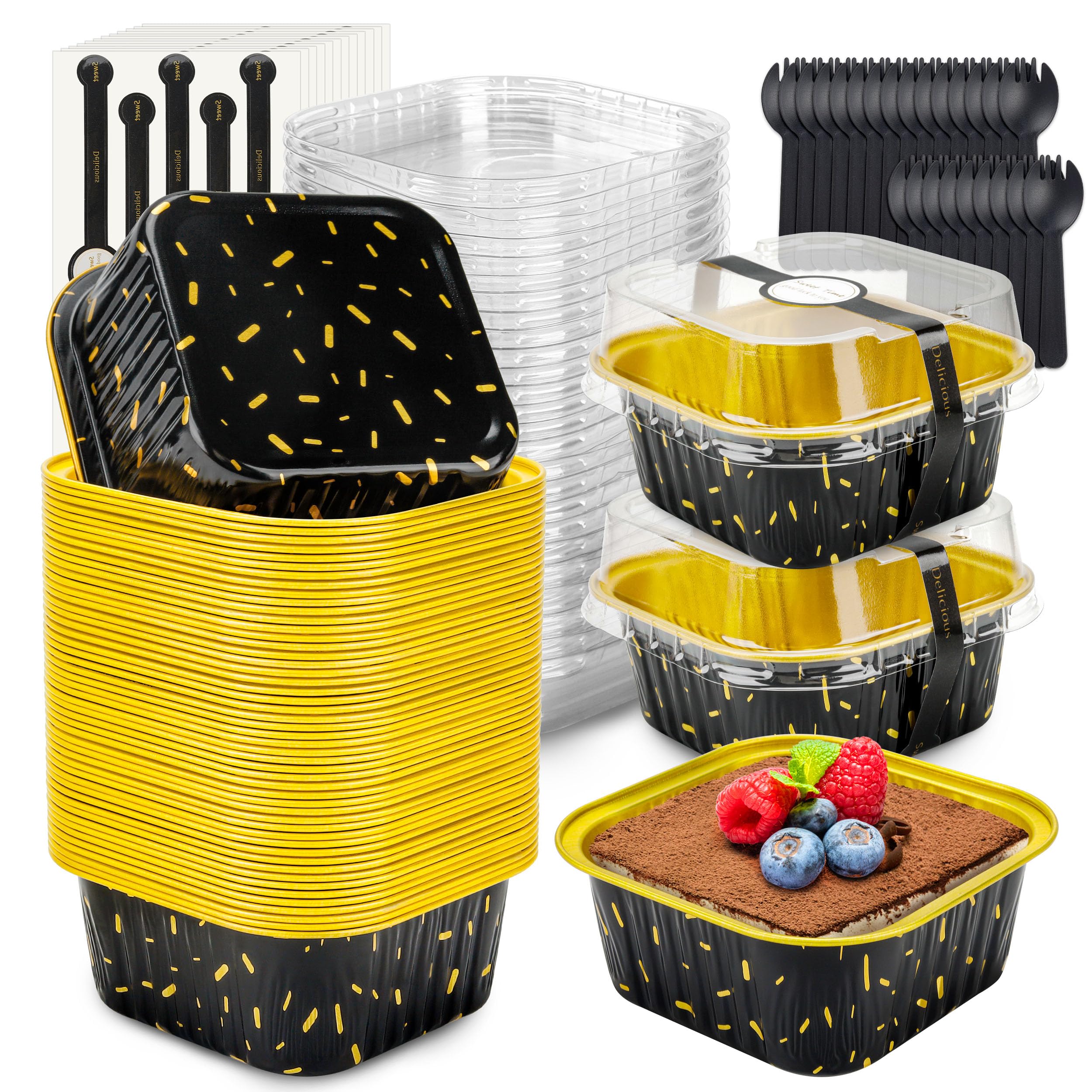 60 Pack Mini Cake Pans with Lids Mini Aluminum Pans, Disposable Loaf Pans Cupcake Liners with Lids for Pudding, Souffle, Party, Wedding(Pink, 5 oz)