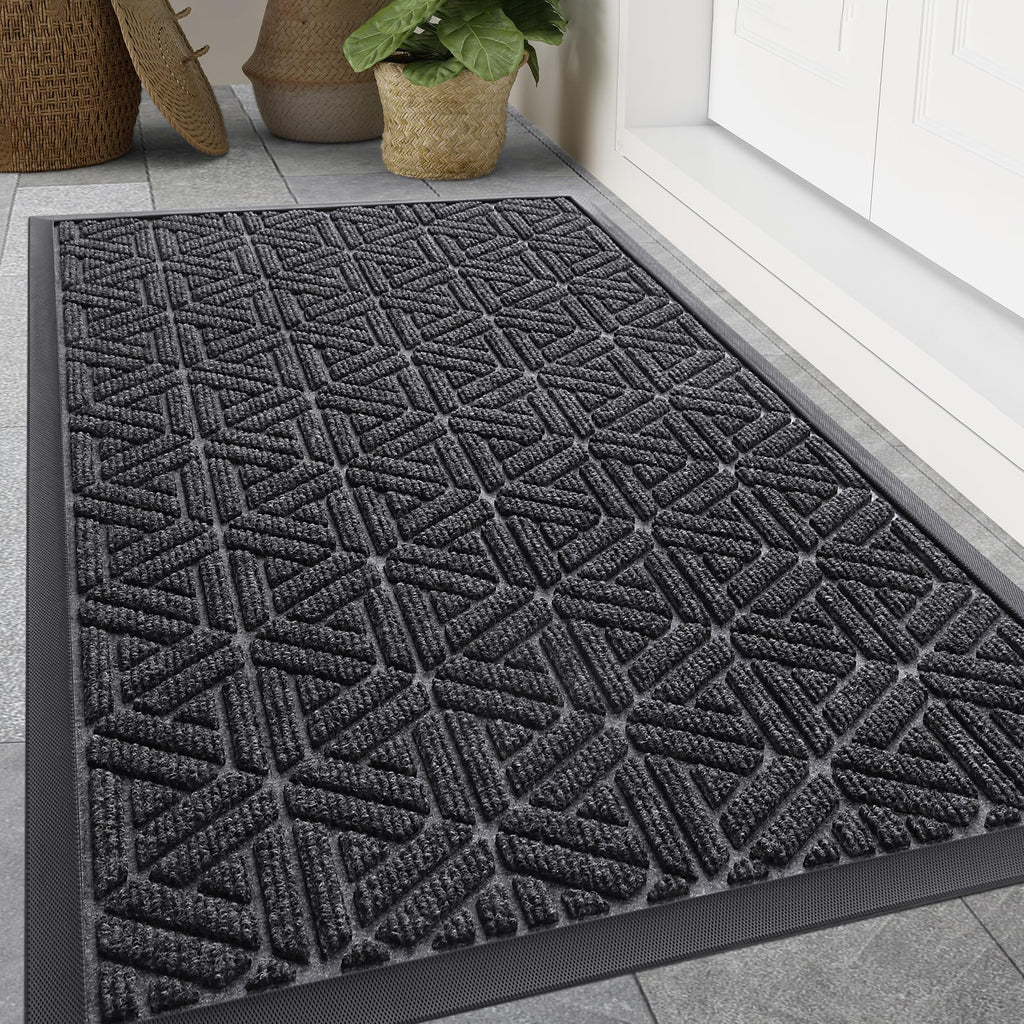 Smiry Front Door Mat Outside Entrance, Heavy Duty Sturdy Natural Rubber Doormat, Trap Dirt and Moisture, Easy Clean Low Profile Mats for Indoor Outdoor Entry, Irregular Triangle (29.5x17, Black)