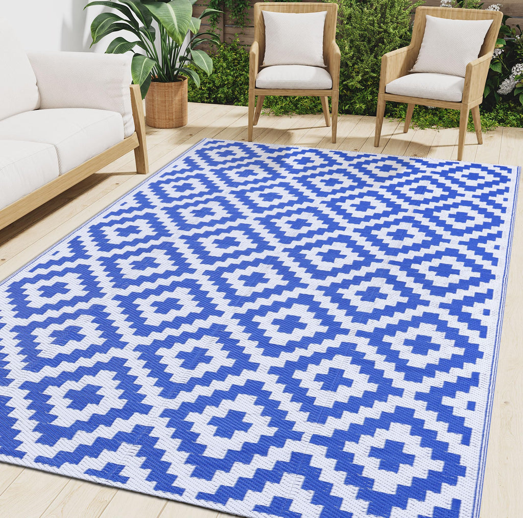 Smiry Waterproof Outdoor Rug 5x8 ft, Reversible Plastic Straw Patio Camping Rugs, Outdoor Indoor RV Mat Carpet for Patio, Outside Entry, Backyard, Deck, Bench, Picnic, Camper, Black & Beige