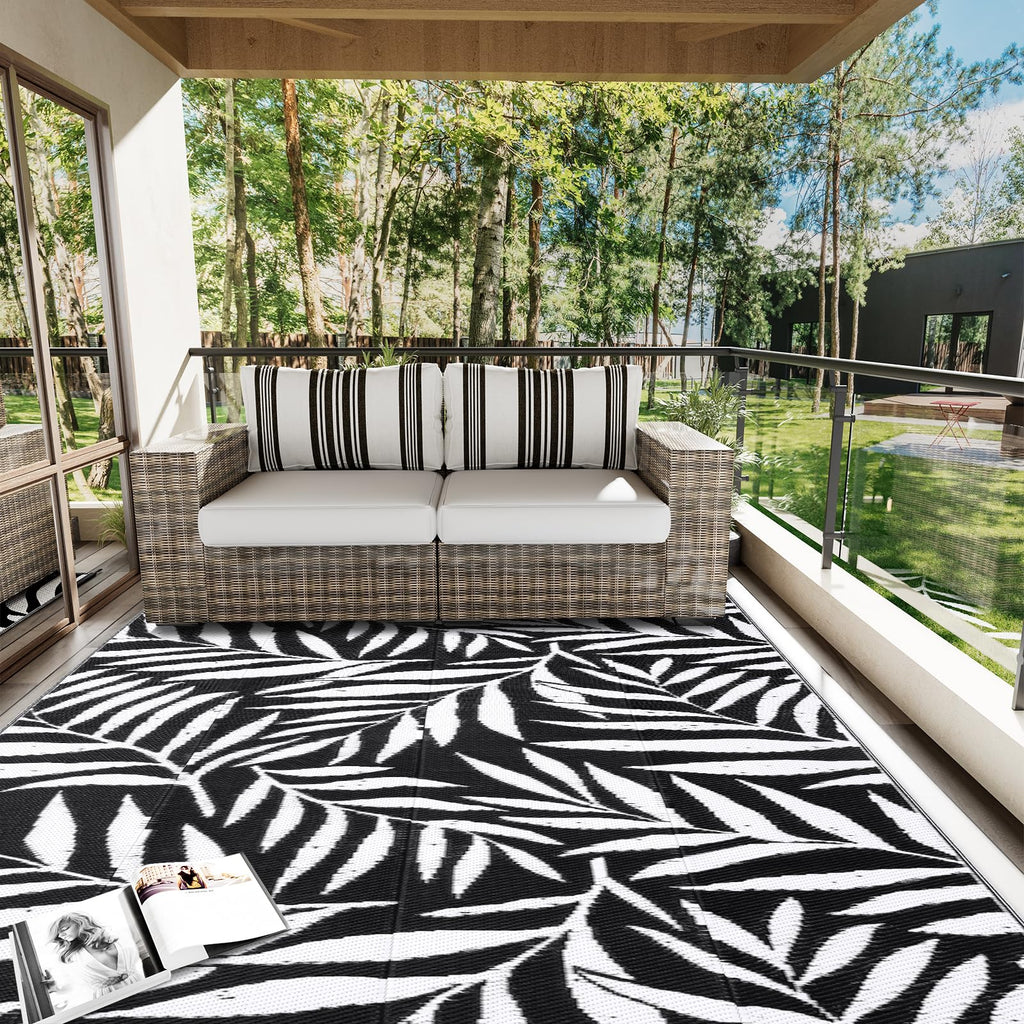 OLANLY Waterproof Outdoor Rug 5x8 ft, Reversible Outdoor Plastic Straw Rug with Leaf Pattern, RV Mat, Indoor Outdoor Carpet for Patio, Camping, Balcony, Deck, Backyard, Grey & White