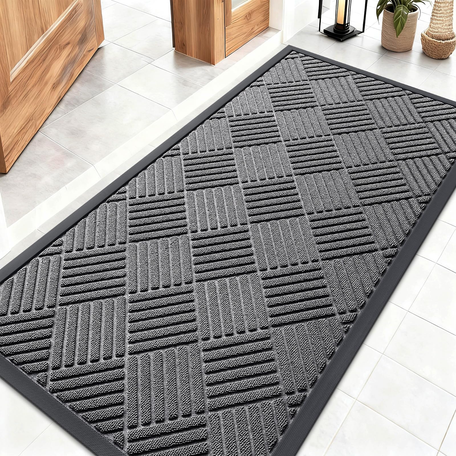 OLANLY Front Door Mat Outside Entrance 29.5x17, Absorbent, Heavy Duty Sturdy Natural Rubber Doormat Indoor Outdoor, Stain and Fade Resistant, Non-Slip Low Profile Floor Mat for Entryway, Grey Diamond