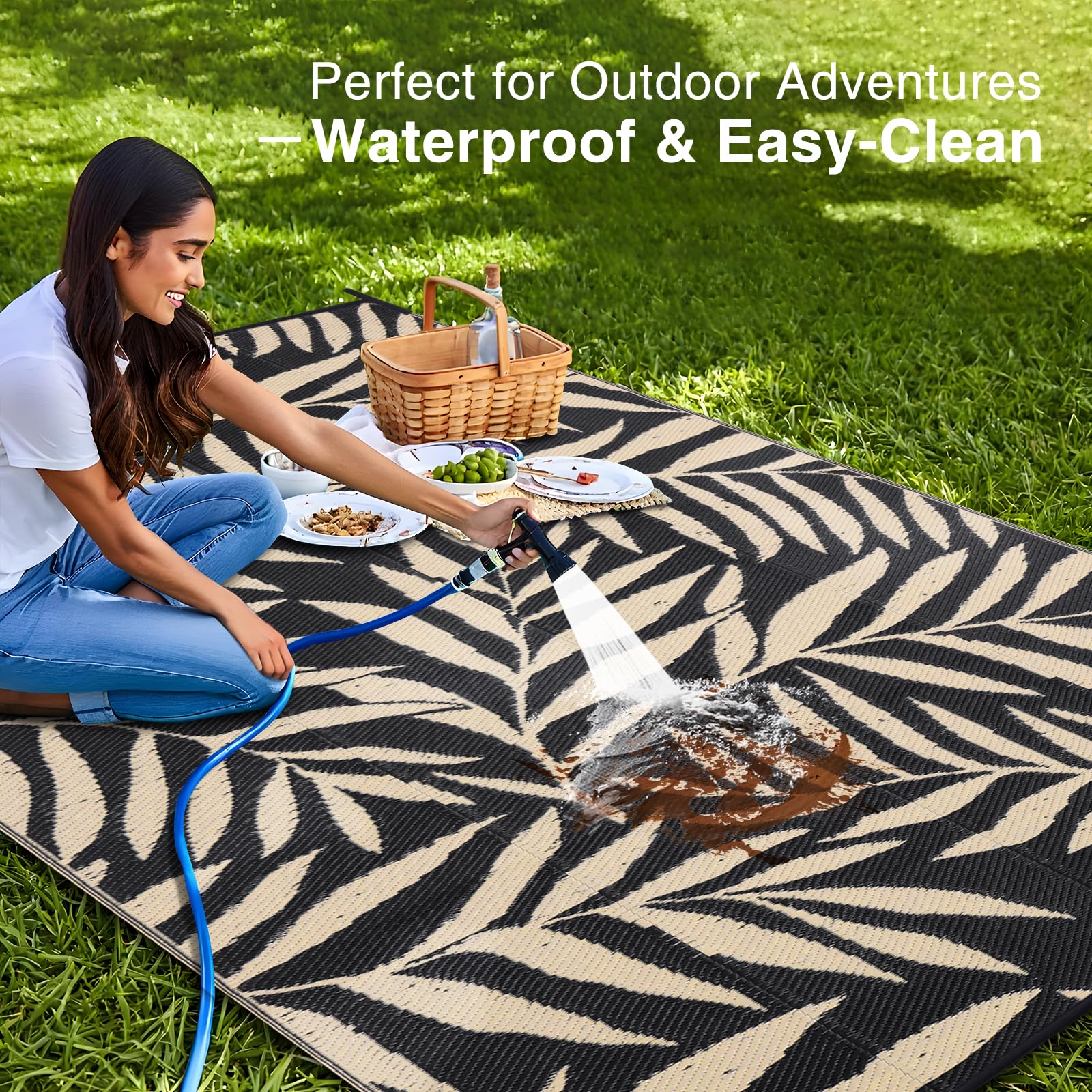 OLANLY Waterproof Outdoor Rug 5x8 ft, Reversible Outdoor Plastic Straw Rug with Leaf Pattern, RV Mat, Indoor Outdoor Carpet for Patio, Camping, Balcony, Deck, Backyard, Grey & White