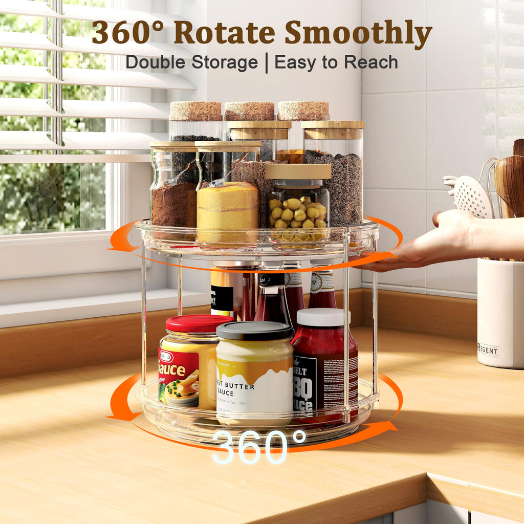 2 Pack 2 Tier Lazy Susan Turntable Organizer 9.25 inch, Rotating Spice Rack Organization for Cabinet, Bathroom, Pantry, Countertop, Kitchen, Vanity, Medicine Cabinet Organizer, Clear