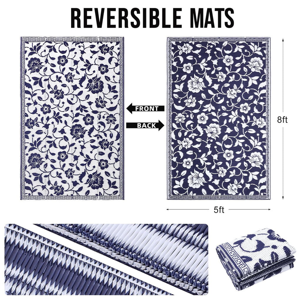 OLANLY Waterproof Outdoor Rug 5x8 ft, Outdoor Plastic Straw Rug with Flower Pattern, Reversible RV Mat for Patio, Camping, Balcony, Deck, Backyard, Navy & White