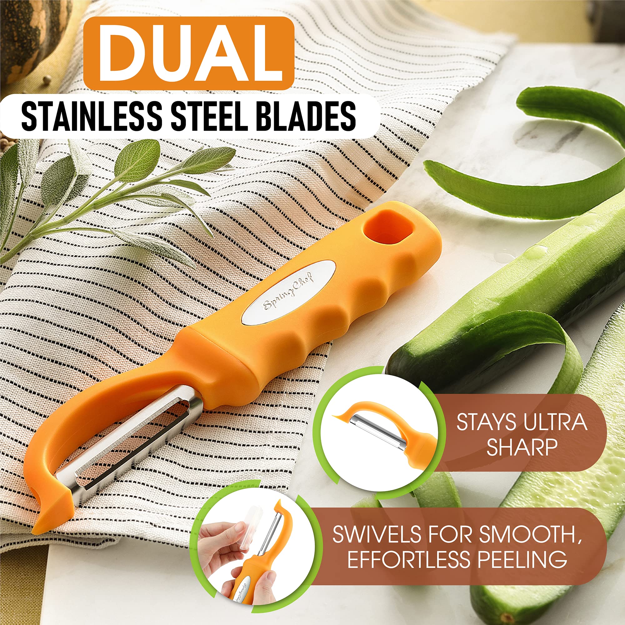 Spring Chef Premium Swivel Vegetable Peeler, Soft Grip Handle and Ultra Sharp Stainless Steel Blades - Perfect Kitchen Peeler For Veggie, Fruit, Potato, Carrot, Apple - Black