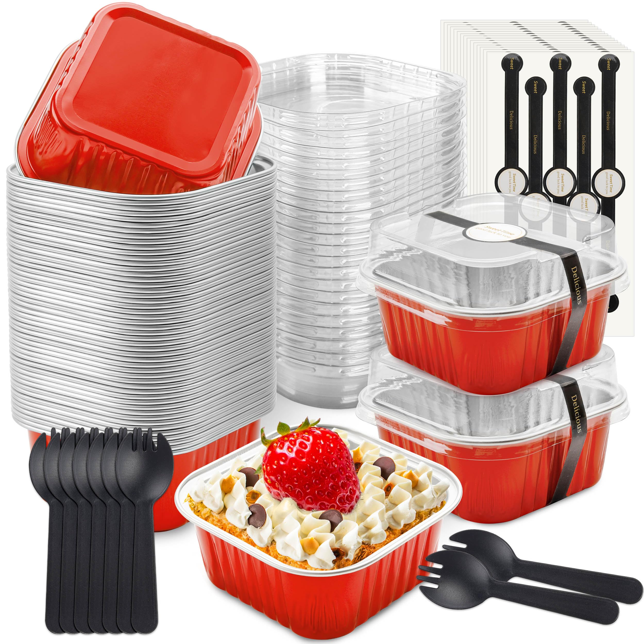 50 Pcs Mini Cake Pans with Lids and Spoons Aluminum Foil Mini Square Baking Cups with Lids Disposable Ramekins Cake Pans Dessert Cups for Wedding Birthday Party(Pink,5oz)