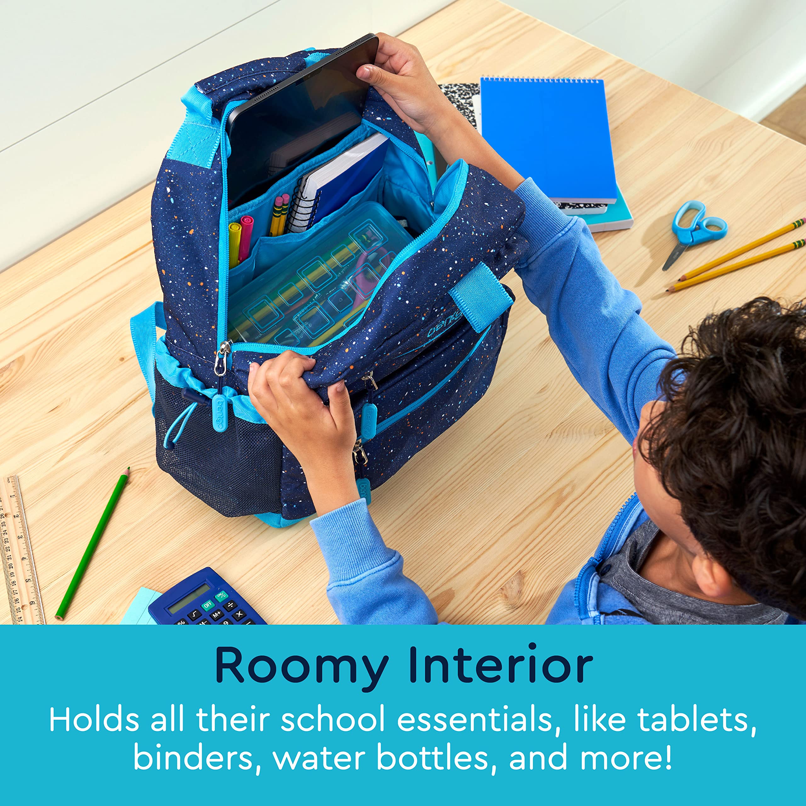 Bentgo Kids Backpack - Lightweight 14” Backpack in Fun Prints for School, Travel, & Daycare, Ideal for Ages 4+, Roomy Interior, Durable & Water-Resistant Fabric, & Loop for Lunch Bag (Trucks)