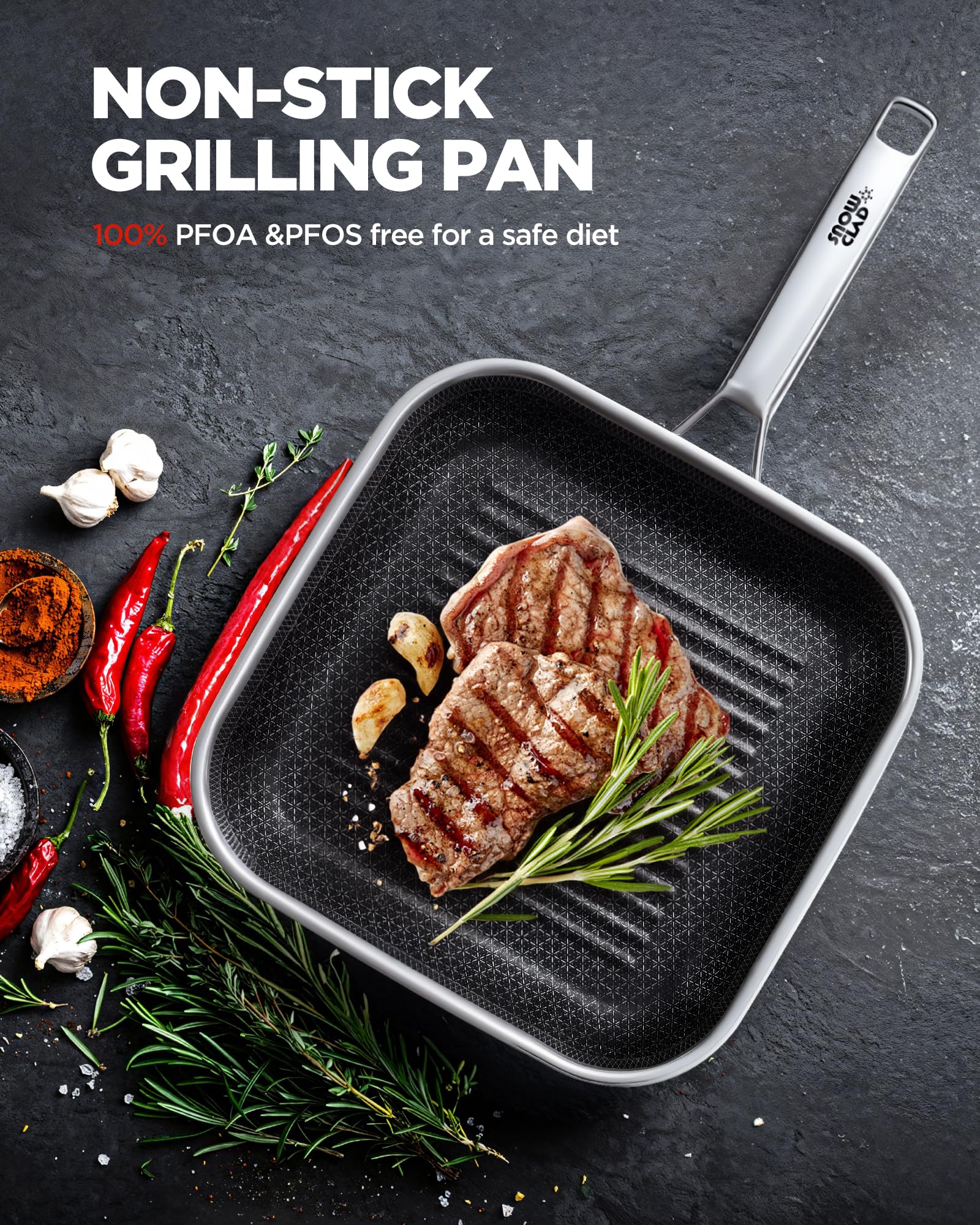 Nonstick Grill Pan,12 Inch Square Steak Grilling Pan for Indoor Cooking & Outdoor Grilling, Non Stick Stainless Steel Grill Skillet Steak Pan, PFOA Free cookware