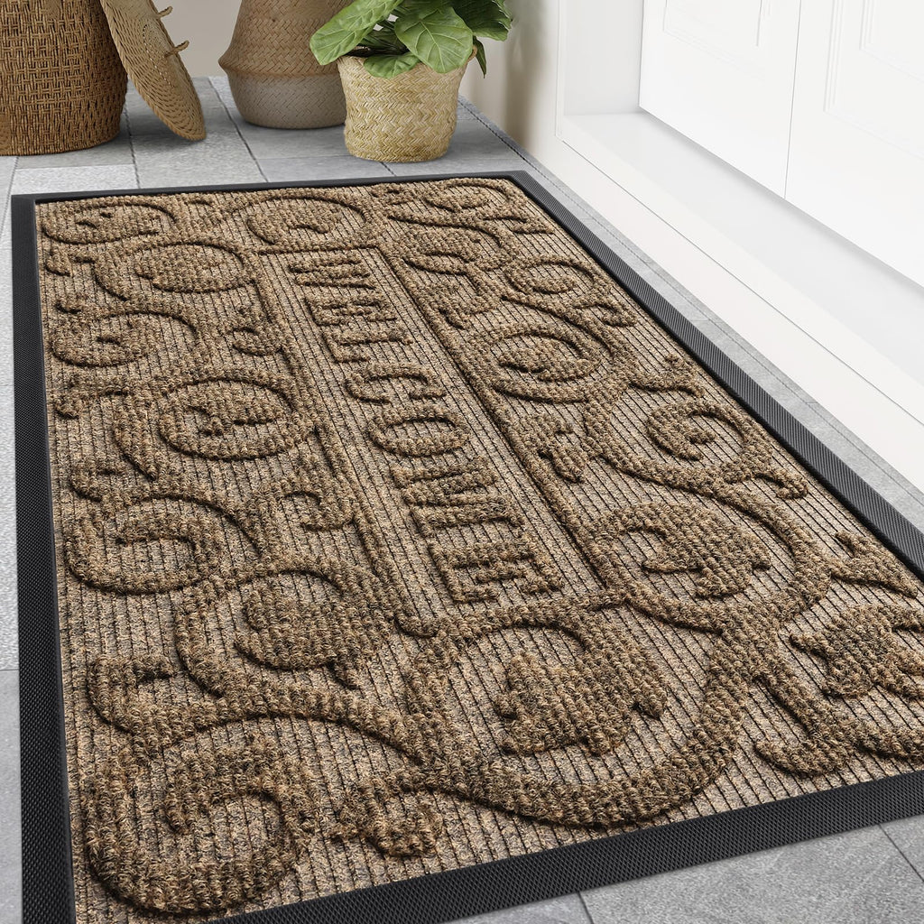 Smiry Front Door Mat Outside Entrance, Heavy Duty Sturdy Natural Rubber Doormat, Trap Dirt and Moisture, Easy Clean Low Profile Mats for Indoor Outdoor Entry, Irregular Triangle (29.5x17, Black)