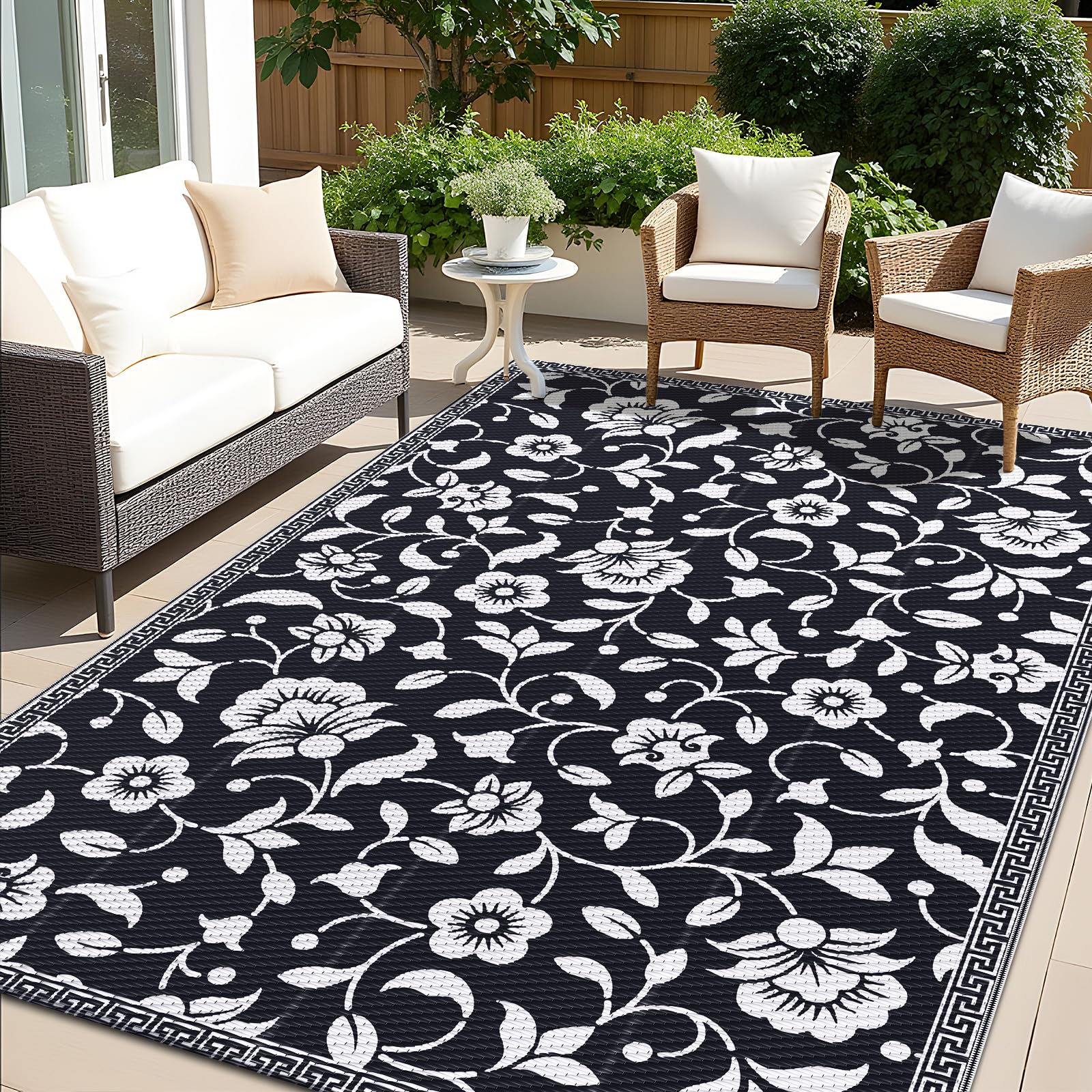 OLANLY Waterproof Outdoor Rug 5x8 ft, Outdoor Plastic Straw Rug with Flower Pattern, Reversible RV Mat for Patio, Camping, Balcony, Deck, Backyard, Navy & White
