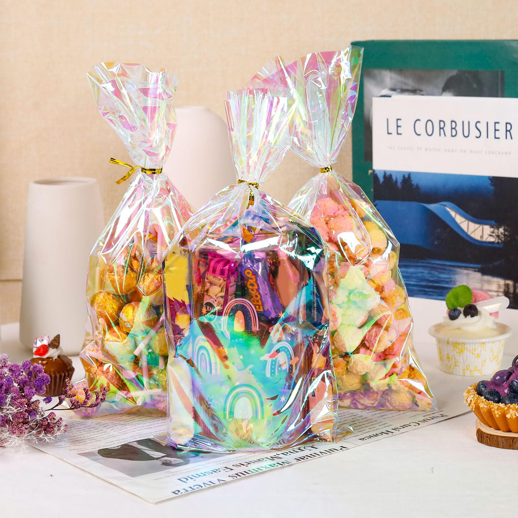 NPLUX Cellophane Treat Bags,Plastic Iridescent Party Favor Bags Clear Candy Bags with Twist Ties for Gift, Cookies, Snacks(100PACK, 6x10inch)