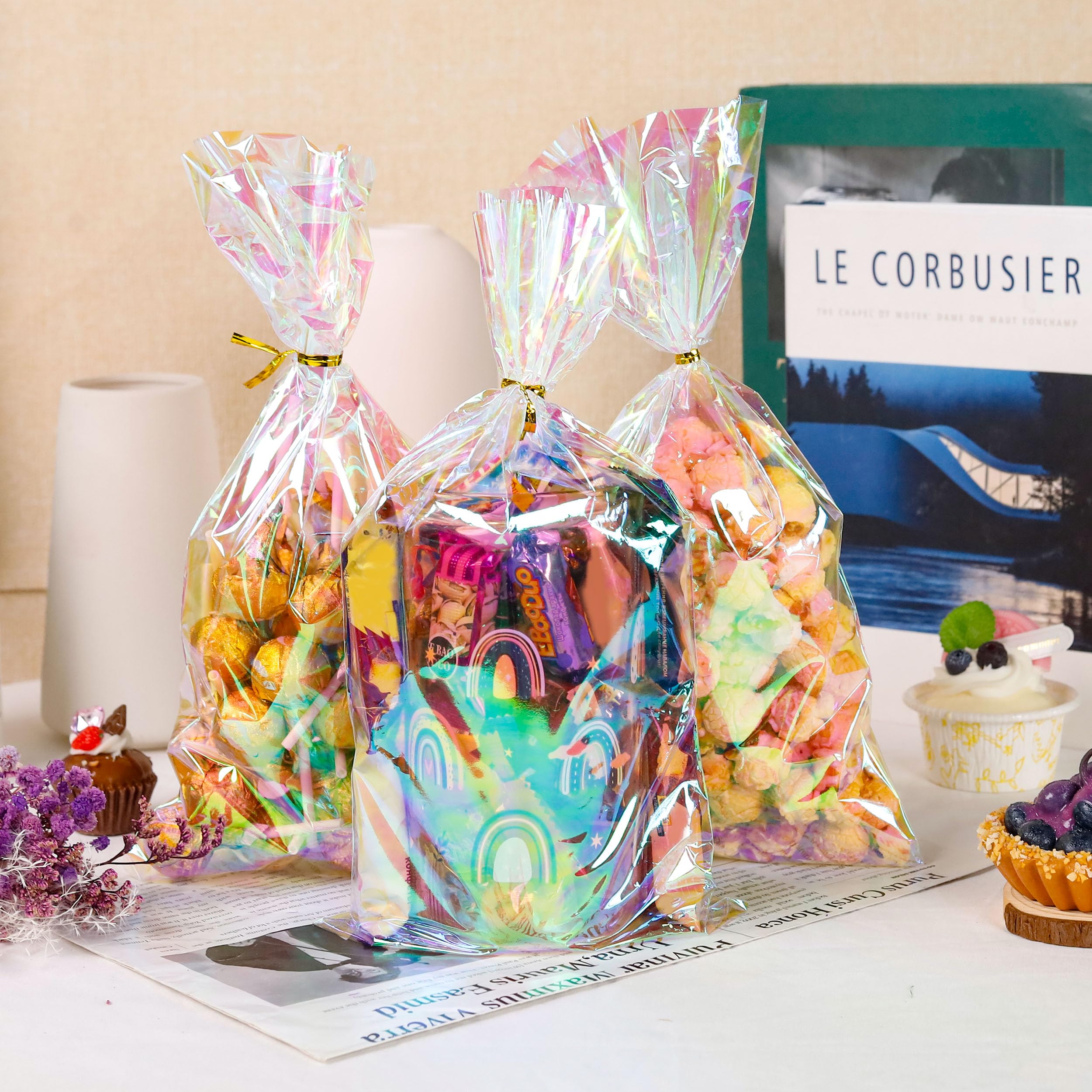 NPLUX Cellophane Treat Bags,Plastic Iridescent Party Favor Bags Clear Candy Bags with Twist Ties for Gift, Cookies, Snacks(100PACK, 6x10inch)