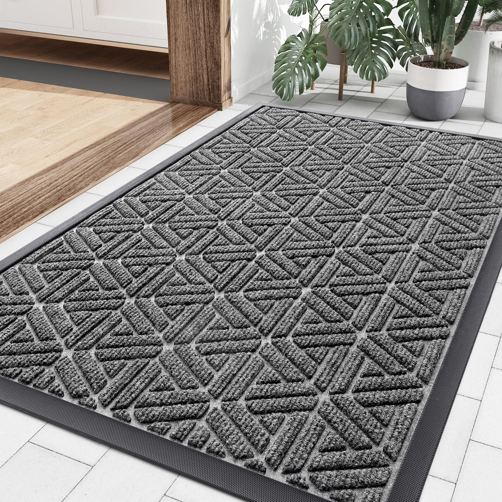 Smiry Front Door Mat Outside Entrance, Heavy Duty Sturdy Natural Rubber Doormat, Trap Dirt and Moisture, Easy Clean Low Profile Mats for Indoor Outdoor Entry, Irregular Triangle (29.5x17, Black)
