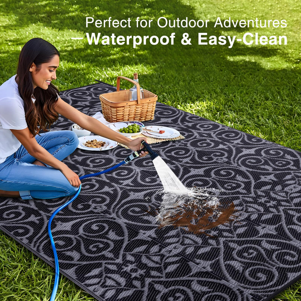 OLANLY Outdoor Rug 5x8 ft Waterproof, Reversible Outdoor Plastic Straw Rug, RV Mat, Indoor Outdoor Carpet Clearance for Patio, Camping, Balcony, Deck, Backyard, Grey & White