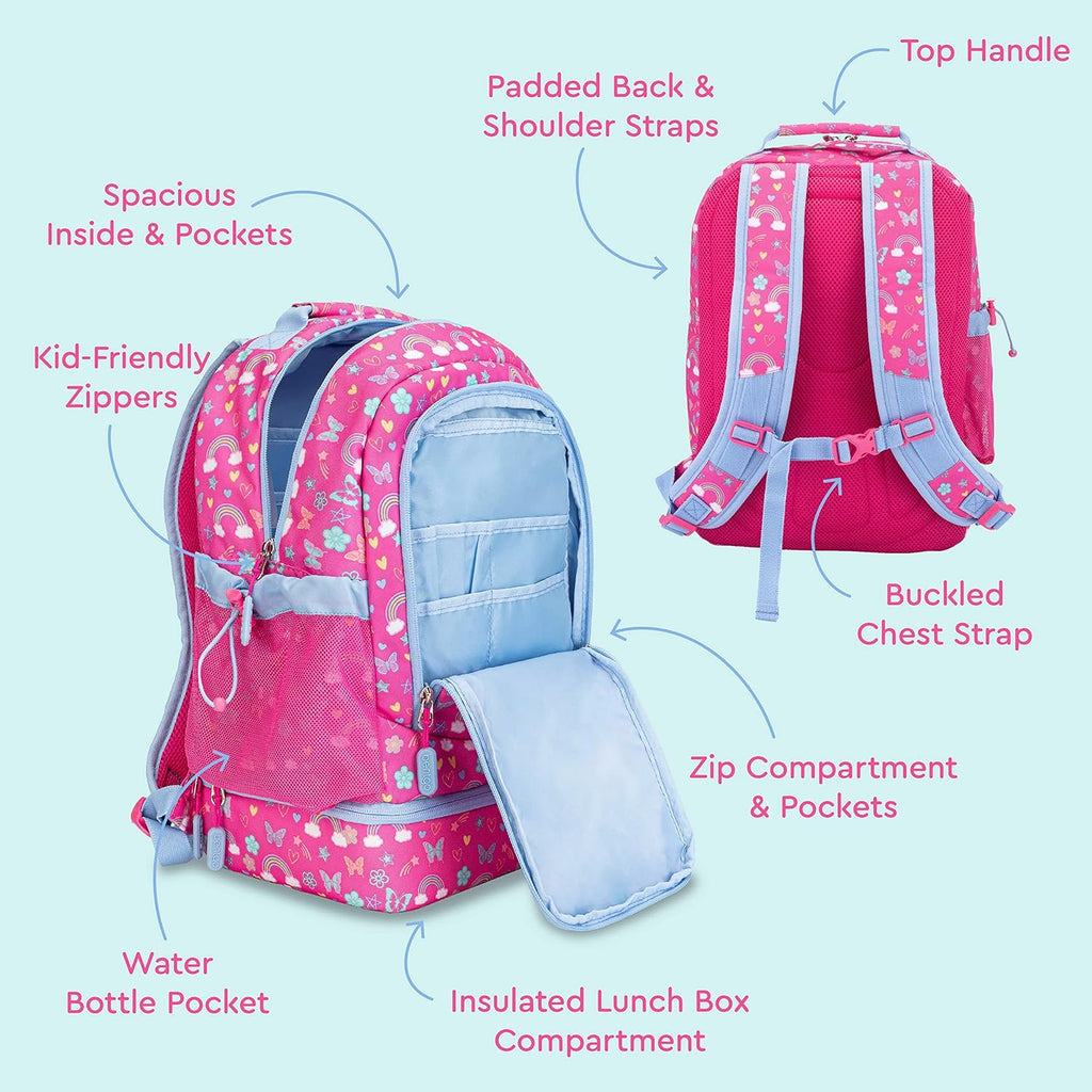 Bentgo 2-in-1 Backpack & Insulated Lunch Bag Set With Stainless Steel Water Bottle (Rainbows & Butterflies)