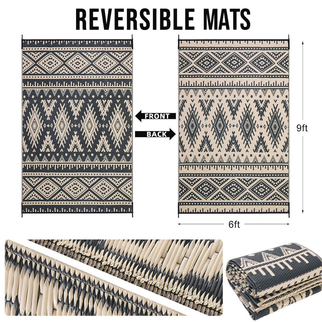 OLANLY Outdoor Rug Waterproof 5x8 ft, Reversible Outdoor Plastic Straw Rug, Boho Patio Rug, Indoor Outdoor Carpet, RV Mat Outside for Patio, Camp, Picnic, Balcony, Deck, Backyard, Black & White
