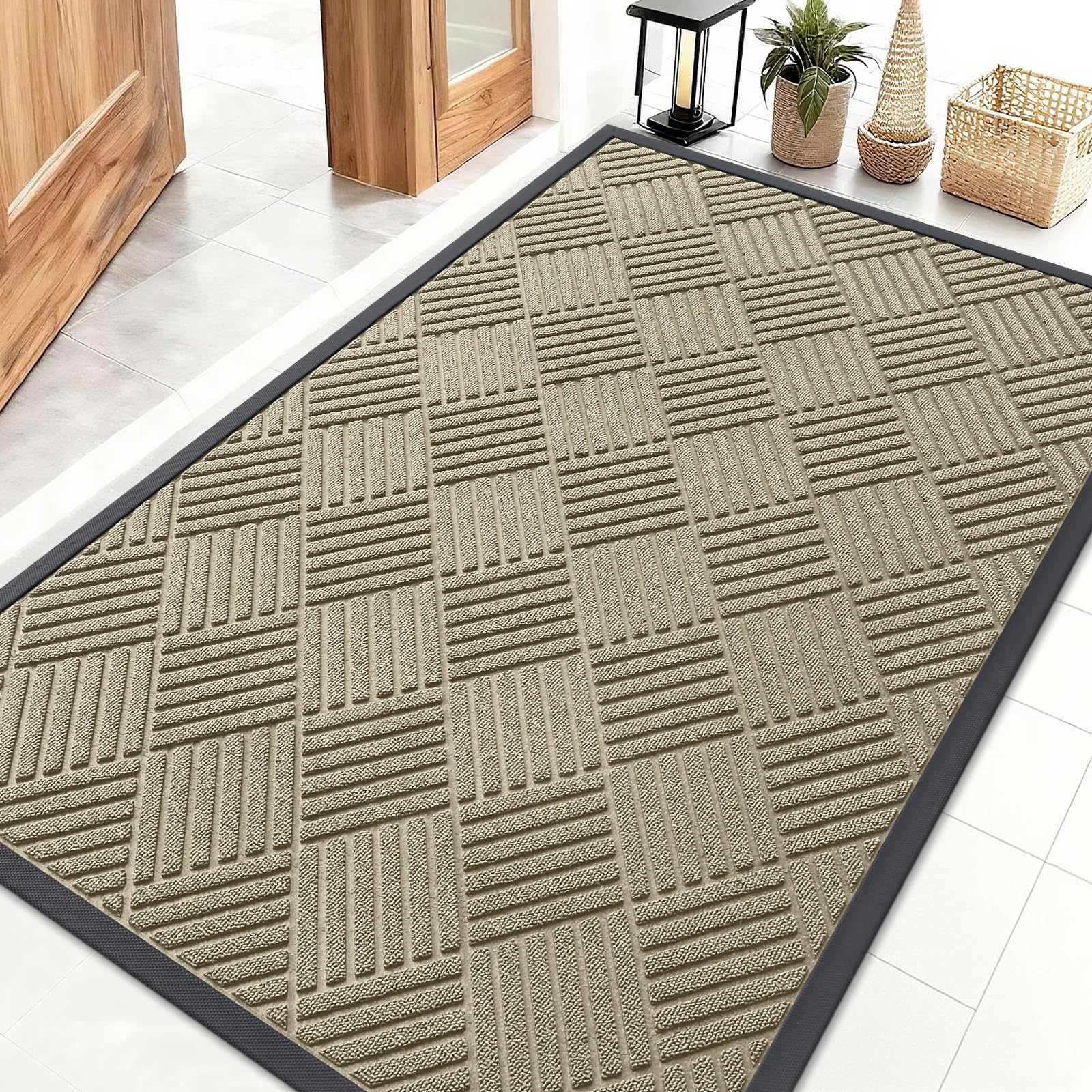 OLANLY Front Door Mat Outside Entrance 29.5x17, Absorbent, Heavy Duty Sturdy Natural Rubber Doormat Indoor Outdoor, Stain and Fade Resistant, Non-Slip Low Profile Floor Mat for Entryway, Grey Diamond