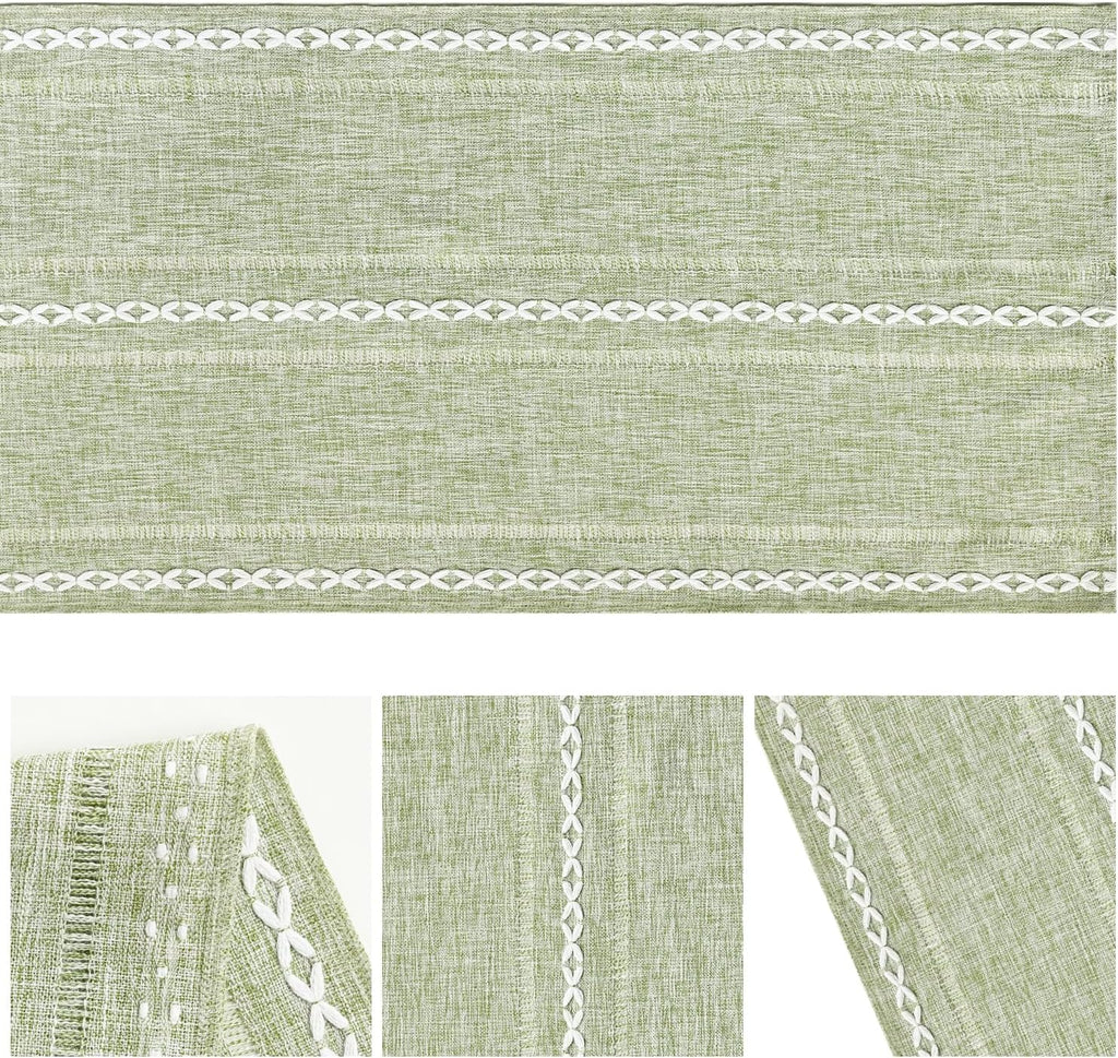 Artoid Mode Sage Green Rustic Cotton Linen Table Runner, Seasonal Embroidered Hollow Kitchen Dining Table Decoration for Home Party Decor 13x72 Inch