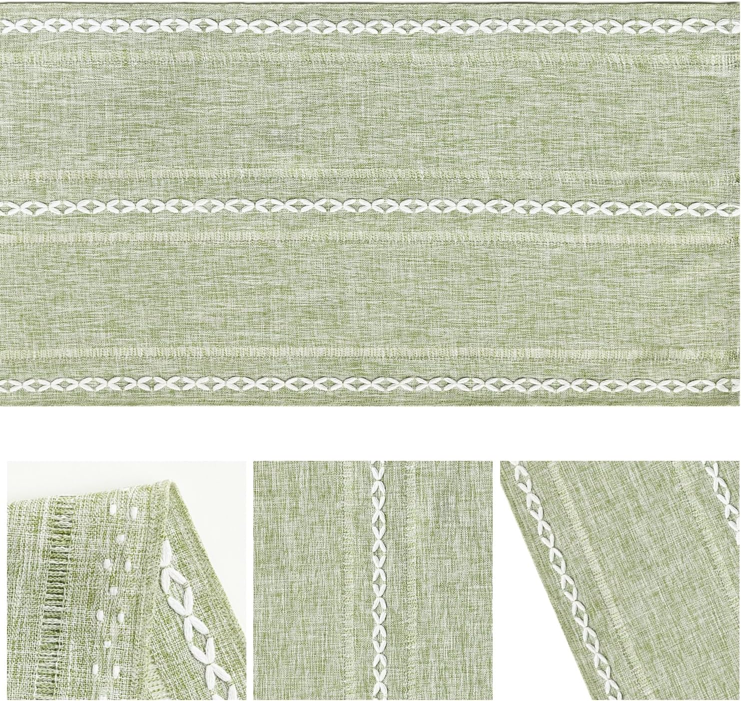 Artoid Mode Sage Green Rustic Cotton Linen Table Runner, Seasonal Embroidered Hollow Kitchen Dining Table Decoration for Home Party Decor 13x72 Inch