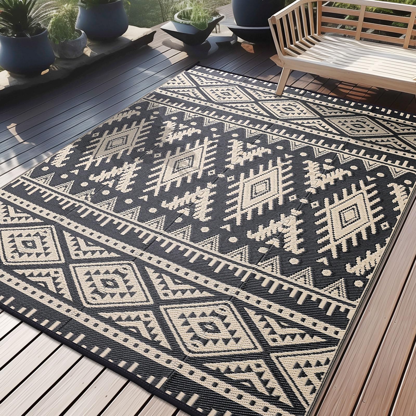 OLANLY Outdoor Rug Waterproof 5x8 ft, Reversible Outdoor Plastic Straw Rug, Boho Patio Rug, Indoor Outdoor Carpet, RV Mat Outside for Patio, Camp, Picnic, Balcony, Deck, Backyard, Black & White