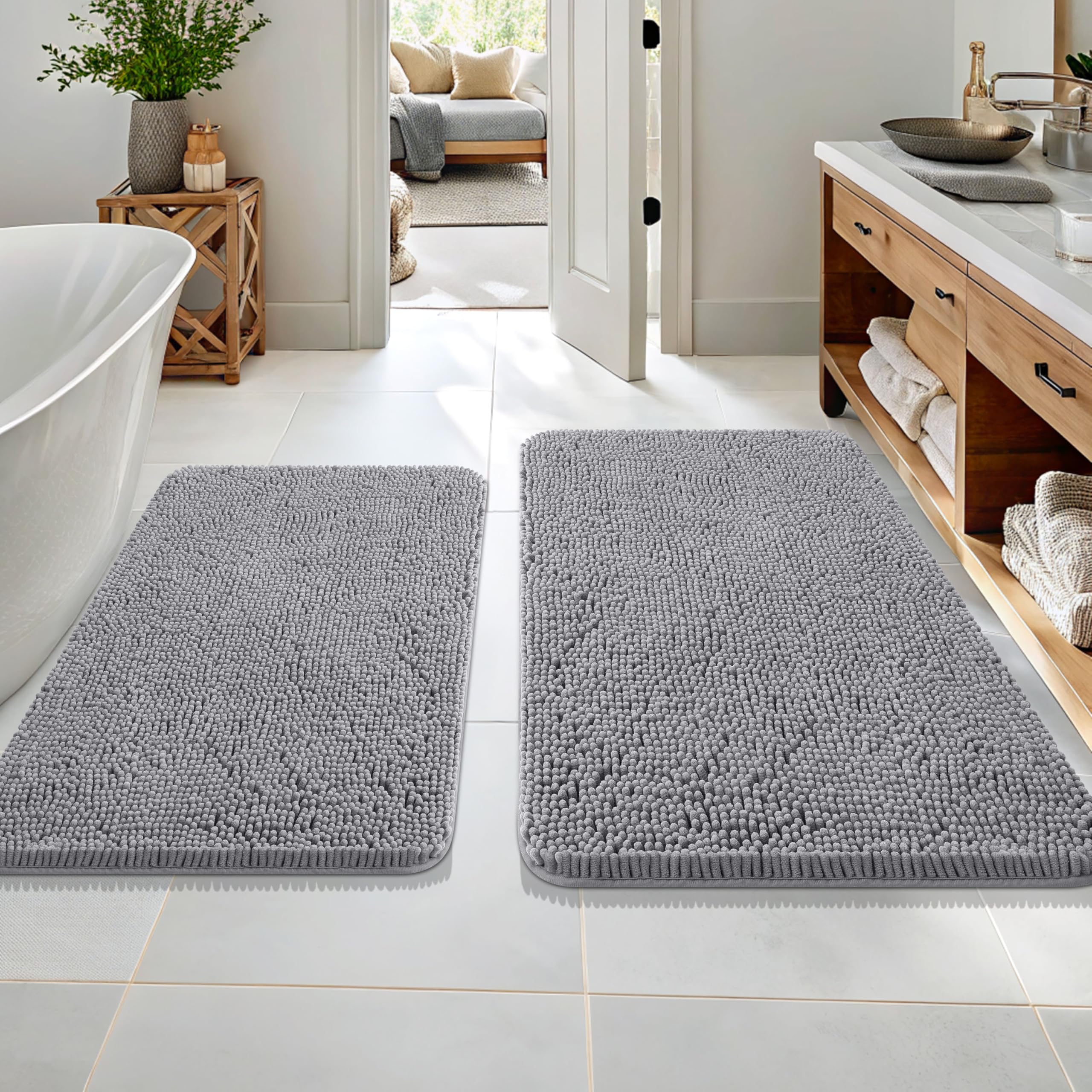 OLANLY Bathroom Rugs Sets 2 Piece, Soft Absorbent Chenille Bath Mats and U-Shaped Contour Toilet Mat Area Rug Set, Machine Washable Bath Carpet, Home Decor Accessories(30"x20"+24"x20", Grey)