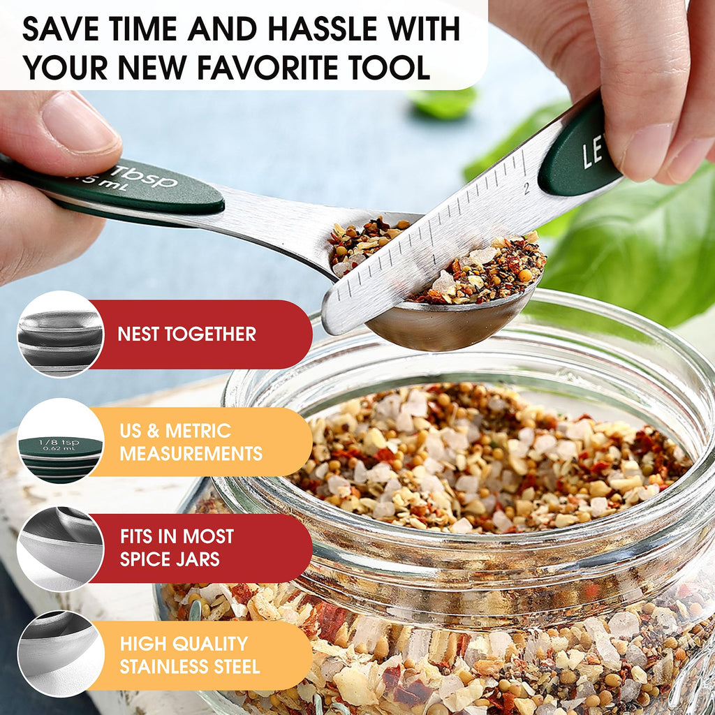 Spring Chef Stainless Steel Magnetic Measuring Spoons Set with Strong N45 Magnets, Heavy Duty Metal Kitchen Gadgets for Baking & Cooking, Fits in Most Kitchen Spice Jars, Set of 8 with Leveler, Black