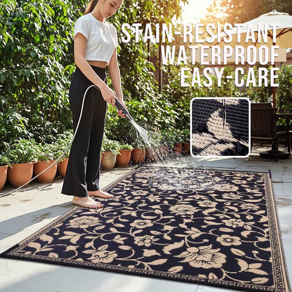 OLANLY Waterproof Outdoor Rug 5x8 ft, Outdoor Plastic Straw Rug with Flower Pattern, Reversible RV Mat for Patio, Camping, Balcony, Deck, Backyard, Navy & White