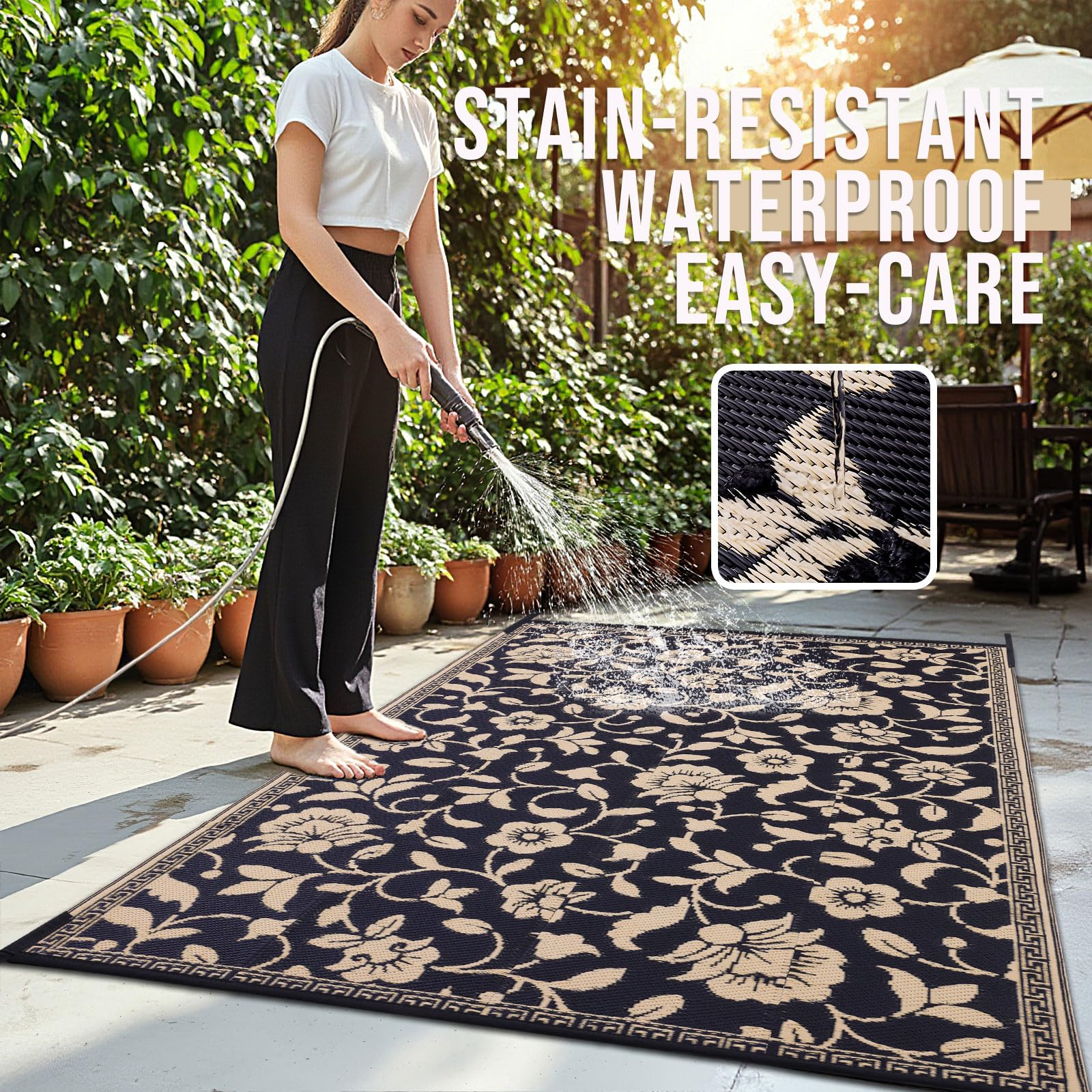 OLANLY Waterproof Outdoor Rug 5x8 ft, Outdoor Plastic Straw Rug with Flower Pattern, Reversible RV Mat for Patio, Camping, Balcony, Deck, Backyard, Navy & White
