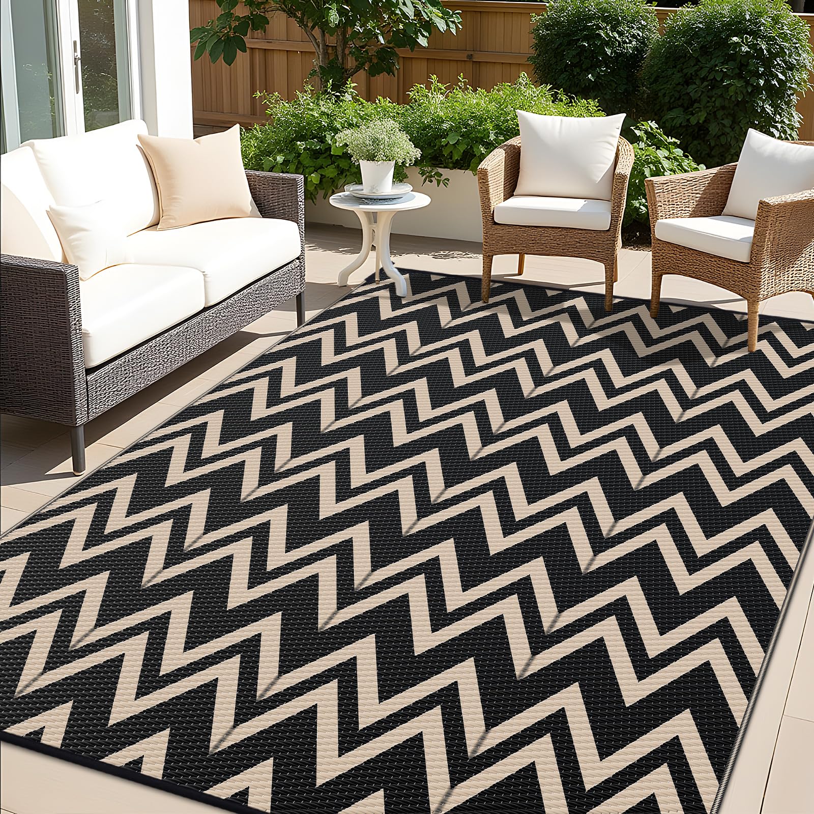 OLANLY Waterproof Outdoor Rug 5x8 ft, Outdoor Plastic Straw Rug for Camping, RV Mat Outside, Indoor Outdoor Carpet for Porch, Deck, Backyard, Balcony, Picnic, Black & White