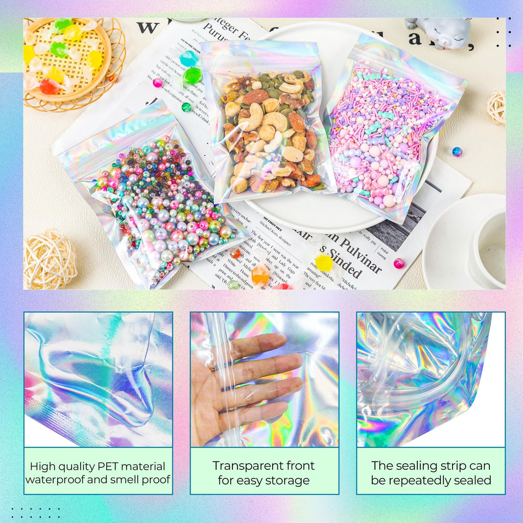 Holographic Mylar Bags Resealable Smell Proof Bags for lip gloss, Jewelry, Lash Candy and More - Small Business Packaging Supplies(100PACK, 3x9INCH)
