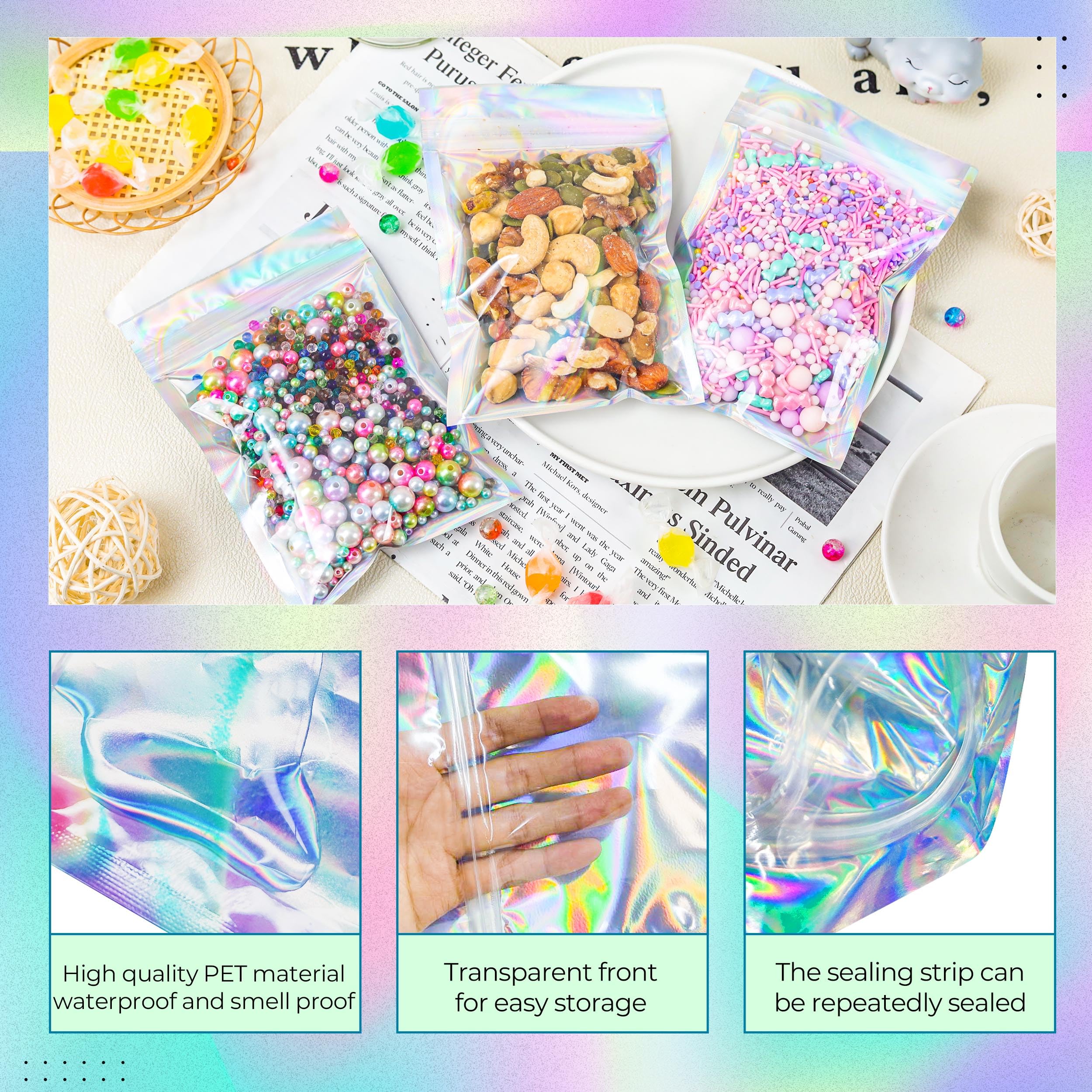 Holographic Mylar Bags Resealable Smell Proof Bags for lip gloss, Jewelry, Lash Candy and More - Small Business Packaging Supplies(100PACK, 3x9INCH)