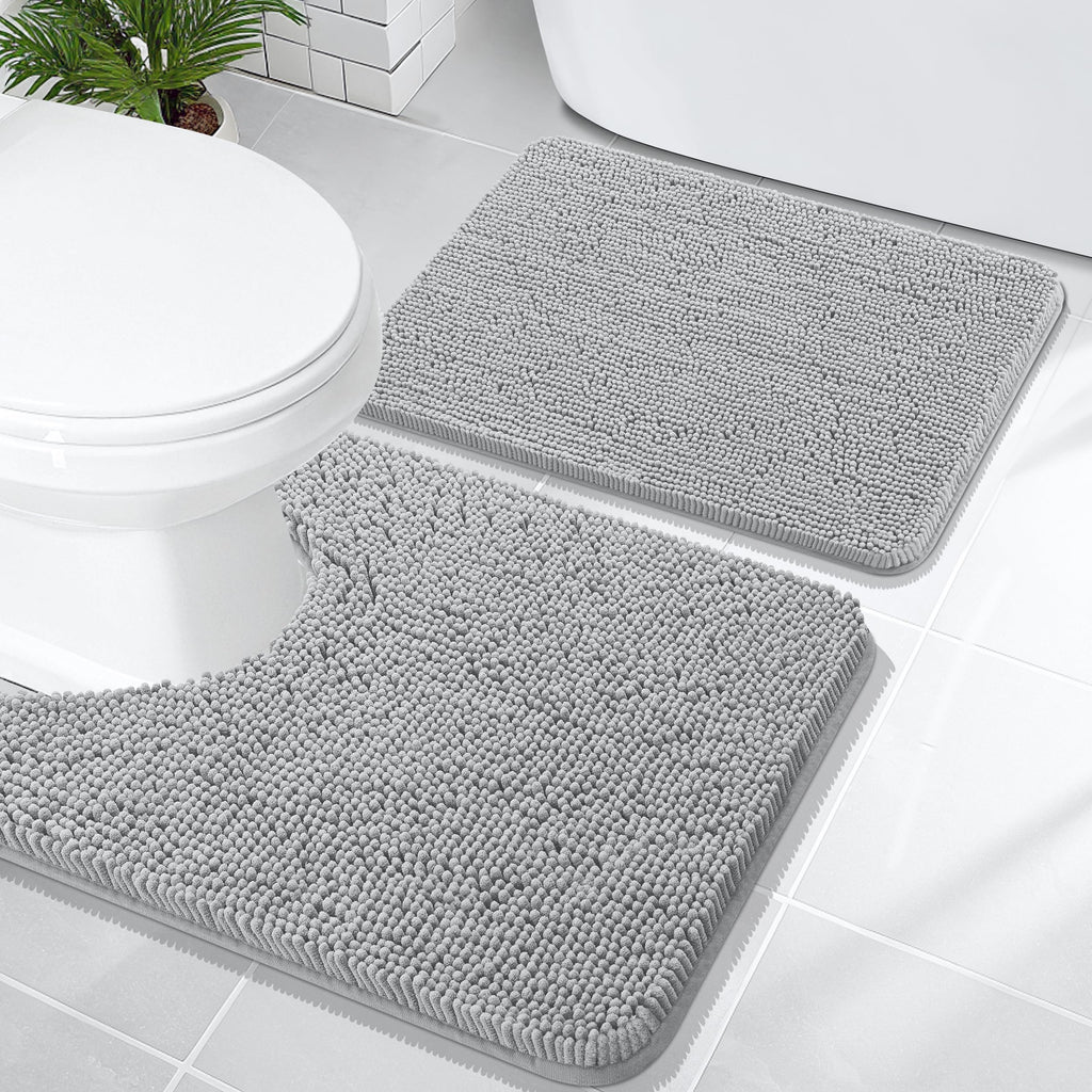 OLANLY Bathroom Rugs Sets 2 Piece, Soft Absorbent Chenille Bath Mats and U-Shaped Contour Toilet Mat Area Rug Set, Machine Washable Bath Carpet, Home Decor Accessories(30"x20"+24"x20", Grey)