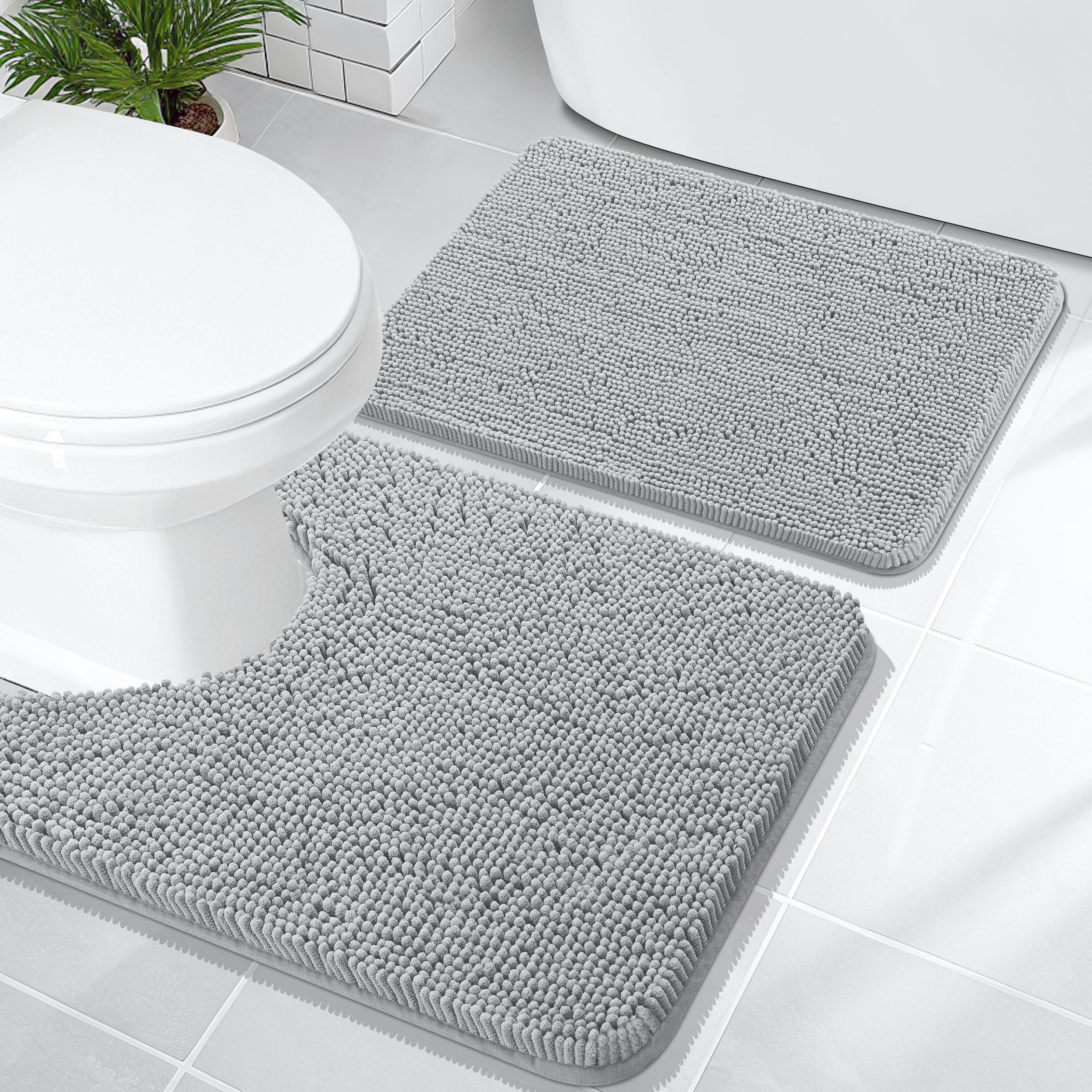 OLANLY Bathroom Rugs Sets 2 Piece, Soft Absorbent Chenille Bath Mats and U-Shaped Contour Toilet Mat Area Rug Set, Machine Washable Bath Carpet, Home Decor Accessories(30"x20"+24"x20", Grey)